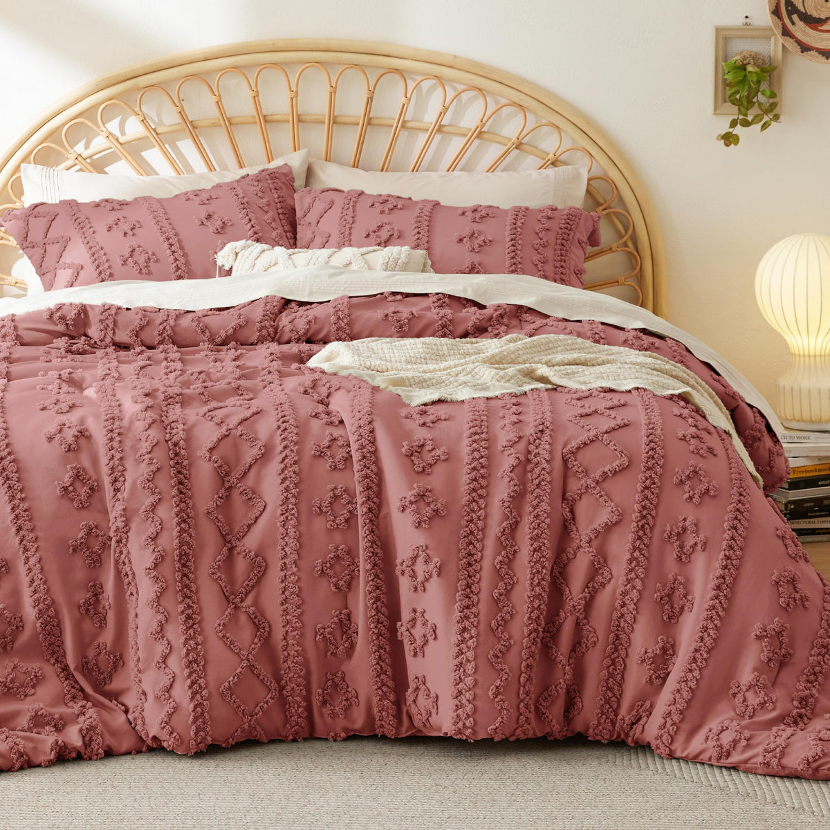 Bedsure Tufted Boho Comforter Set Queen Size - Grayish Pink Boho Bedding Comforter Set, 3 Pieces Farmhouse Shabby Chic Embroider