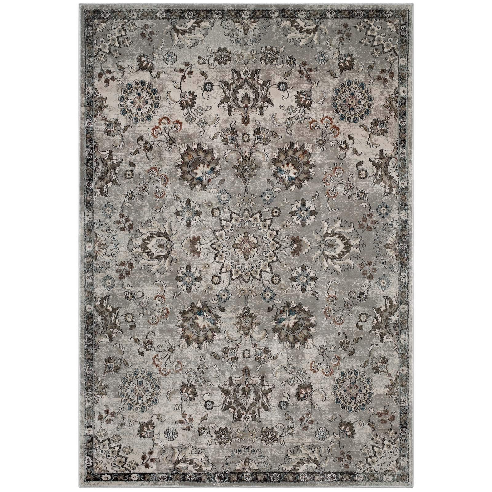 Modway Hana Distressed Vintage Floral Lattice 5X8 Area Rug In Silver Blue, Beige And Brown