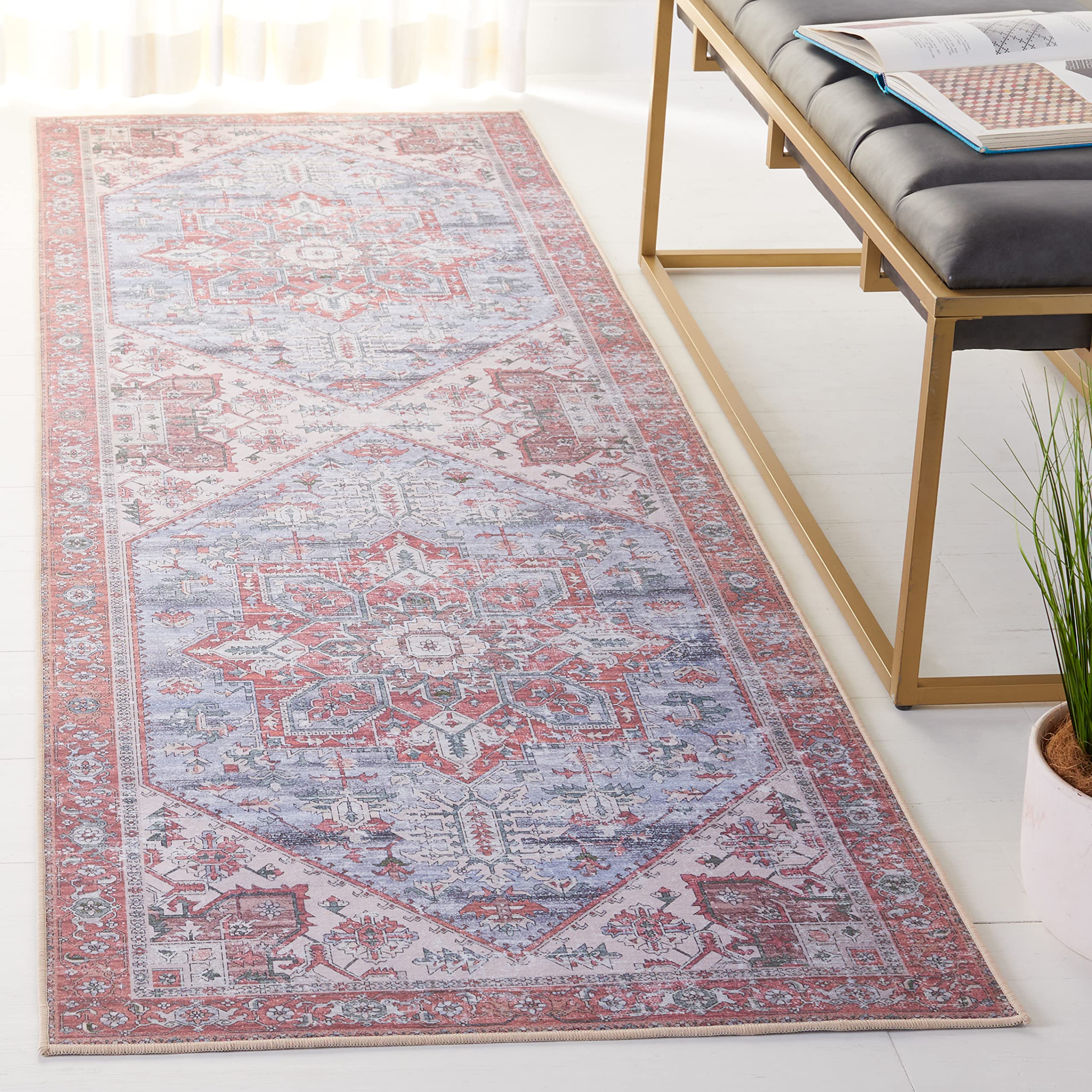 SAFAVIEH Washable Rug Tucson Collection - 26 x 8 Runner, Grey Blue & Rust, Slip Resistant, Ideal for High Traffic Areas in Li
