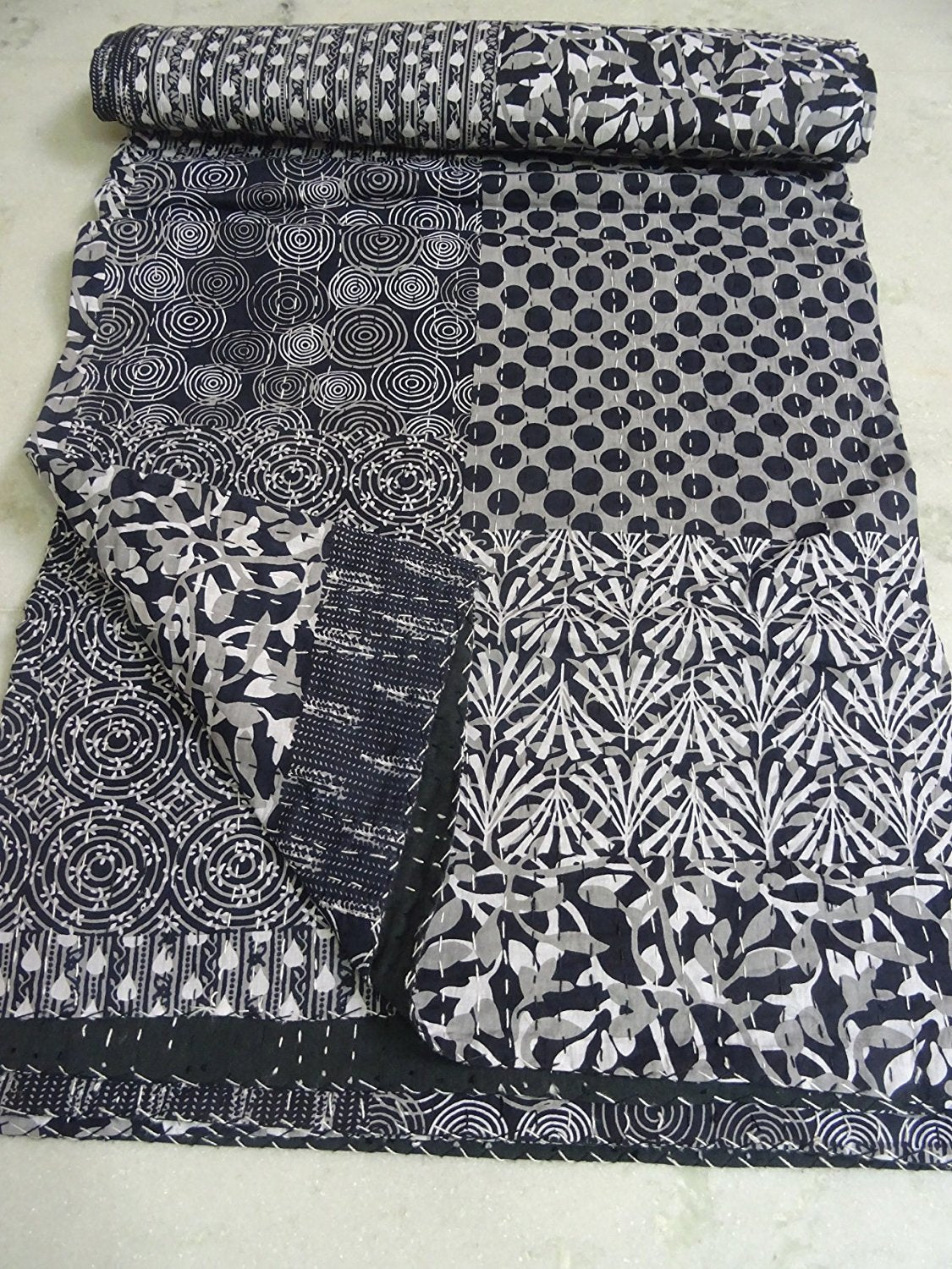 SophiaArt Indian Kantha Suzani Print Quilt Vintage Hand Block Printed Kantha Quilt, Patchwork Cotton Bedspread, Made (Multi)