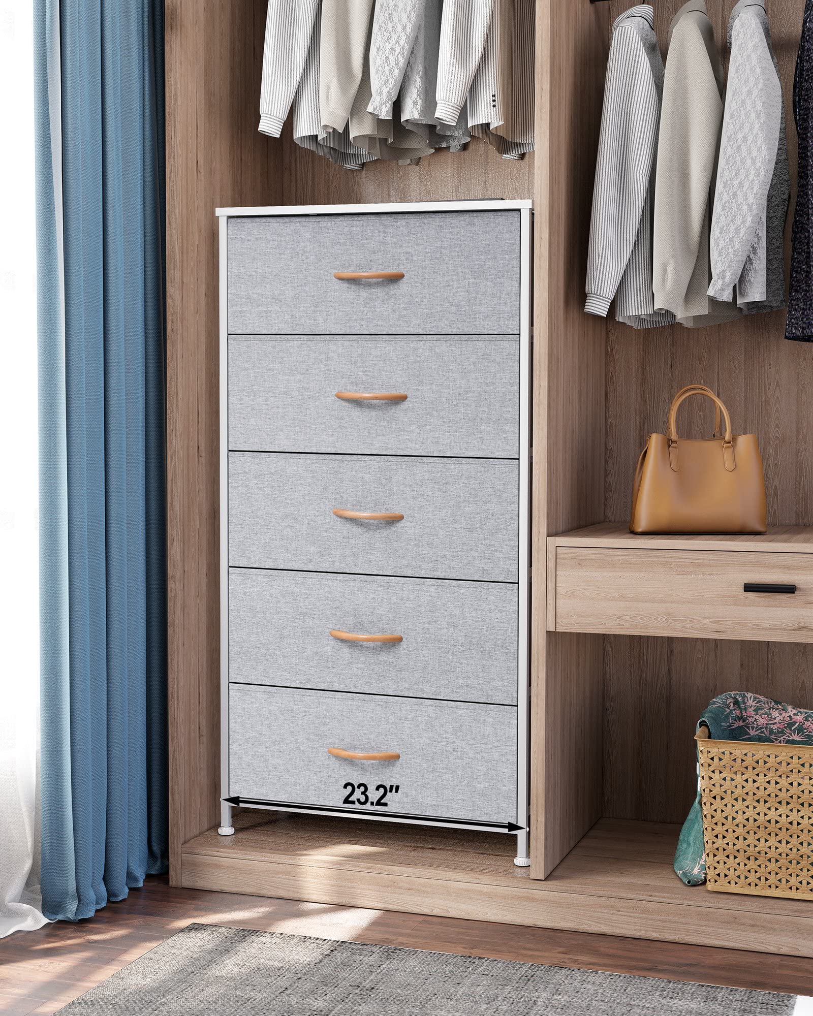Crestlive Products Vertical Dresser Storage Tower - Sturdy Steel Frame, Wood Top, Easy Pull Fabric Bins, Wood Handles - Organizer Unit For Bedroom, Hallway, Entryway, Closets - 5 Drawers (Light Gray)