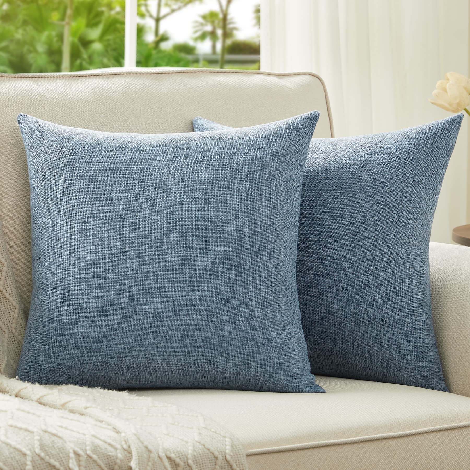 Anickal Set Of 2 Grey Blue Pillow Covers 16X16 Inch Rustic Linen Square Decorative Throw Pillow Covers For Sofa Couch Farmhouse
