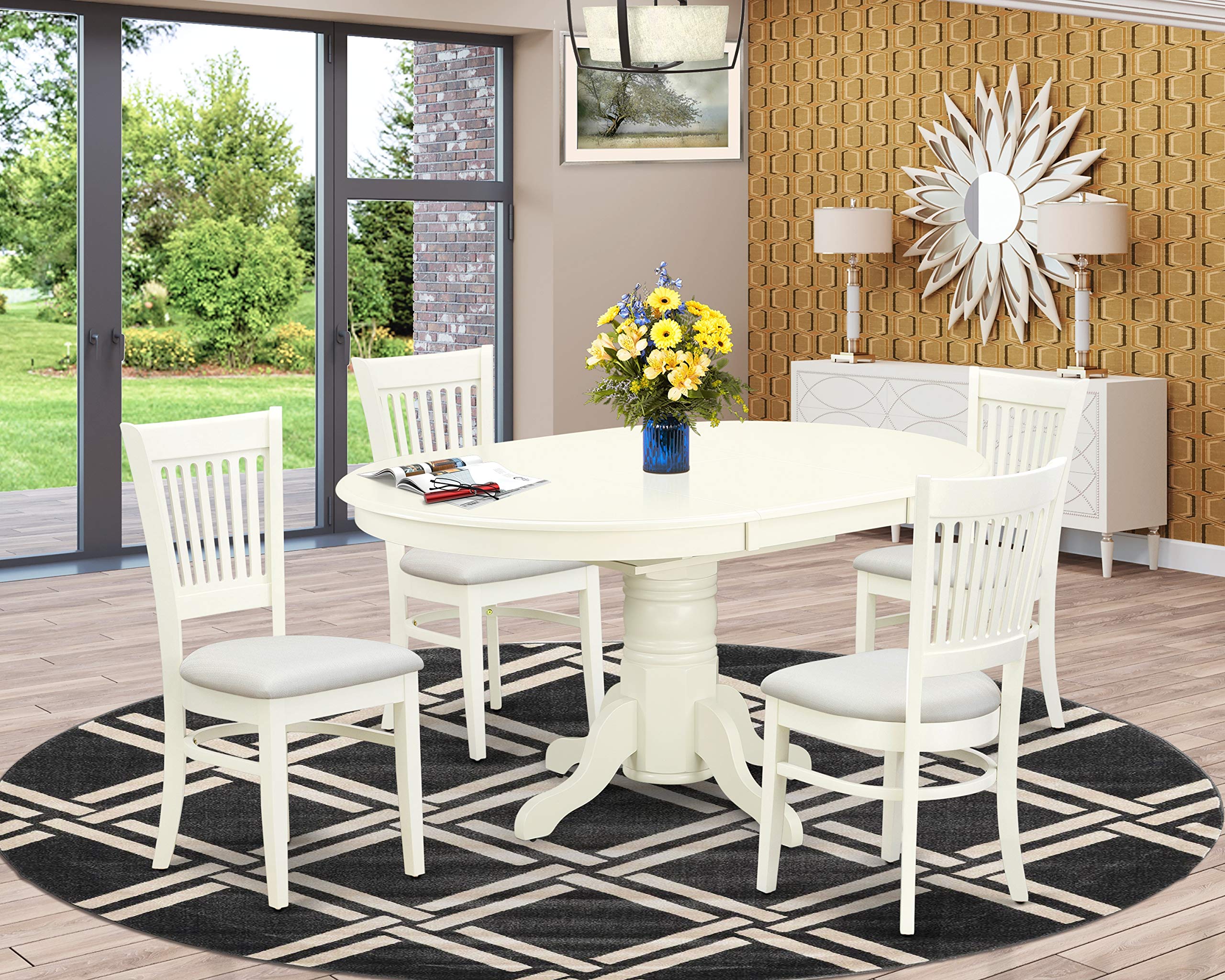 East West Furniture Avva5-Lwh-C Avon 5 Piece Room Set Includes An Oval Kitchen Table With Butterfly Leaf And 4 Fabric Upholstered Dining Chairs, Linen White