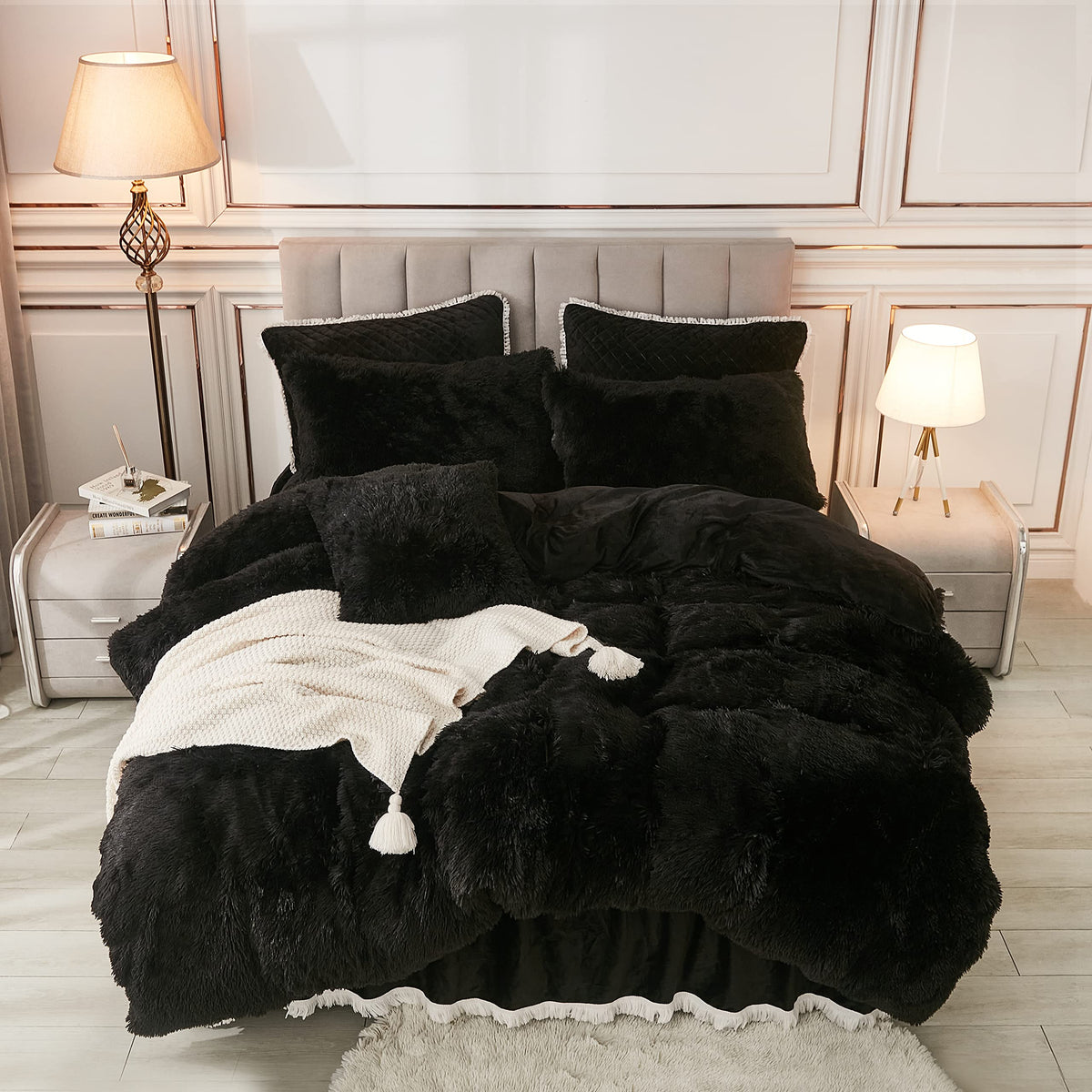 Annadaif Plush Shaggy Duvet Cover, Black Fluffy Comforter Cover Set King Size, Fuzzy Faux Fur Bedding Set With Zipper Closure, L