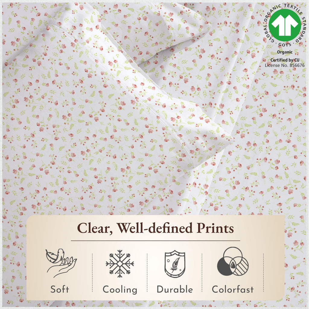 California Design Den Queen Sheet Set Floral, 100% Organic Cotton Percale Sheets, Deep Pocket Queen Sheets & Pillowcase Set - Floral