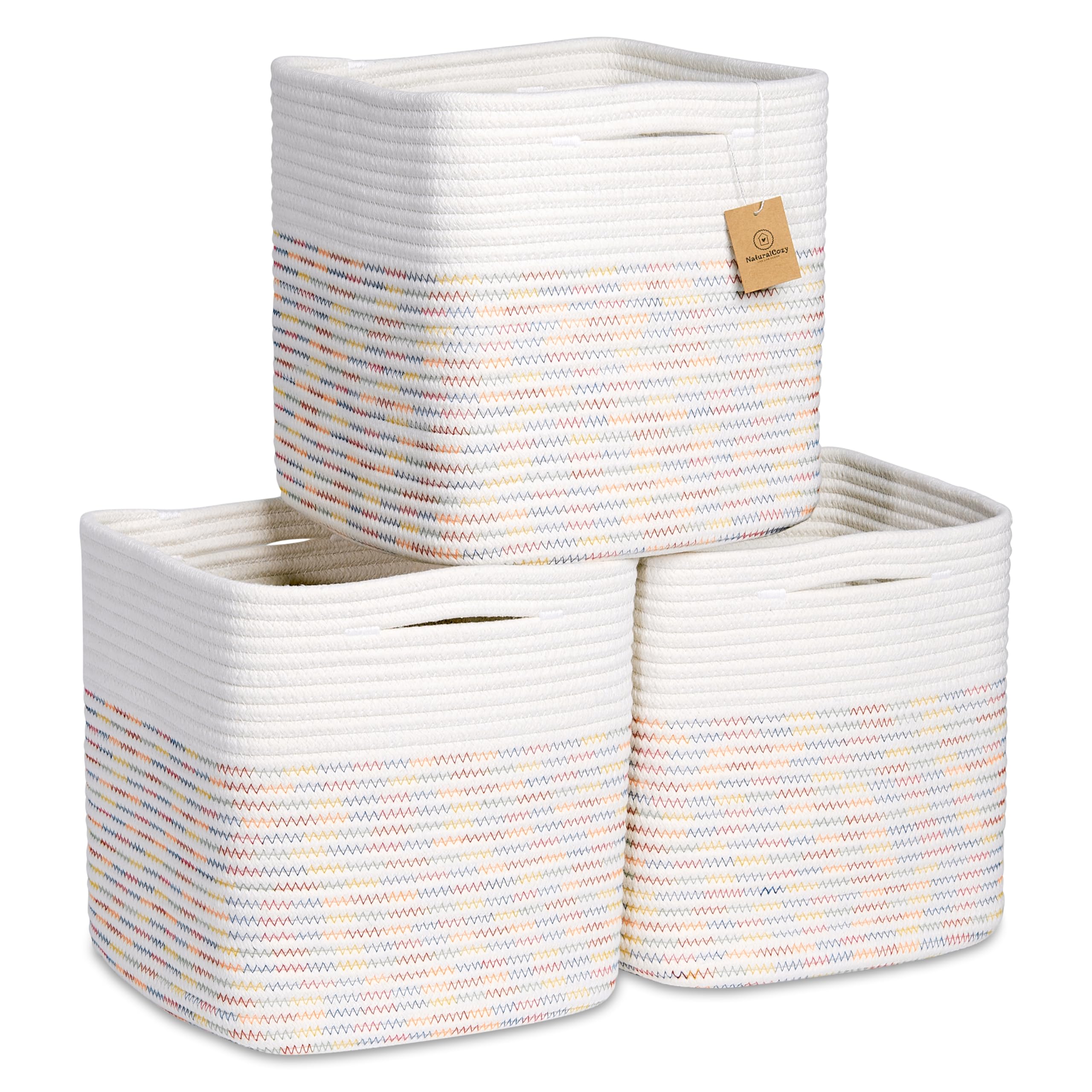 NaturalCozy Storage Cubes 11 Inch Cotton Rope Woven Baskets for Organizing, 3-Pack | Cube Storage Bin | Square Storage Baskets f