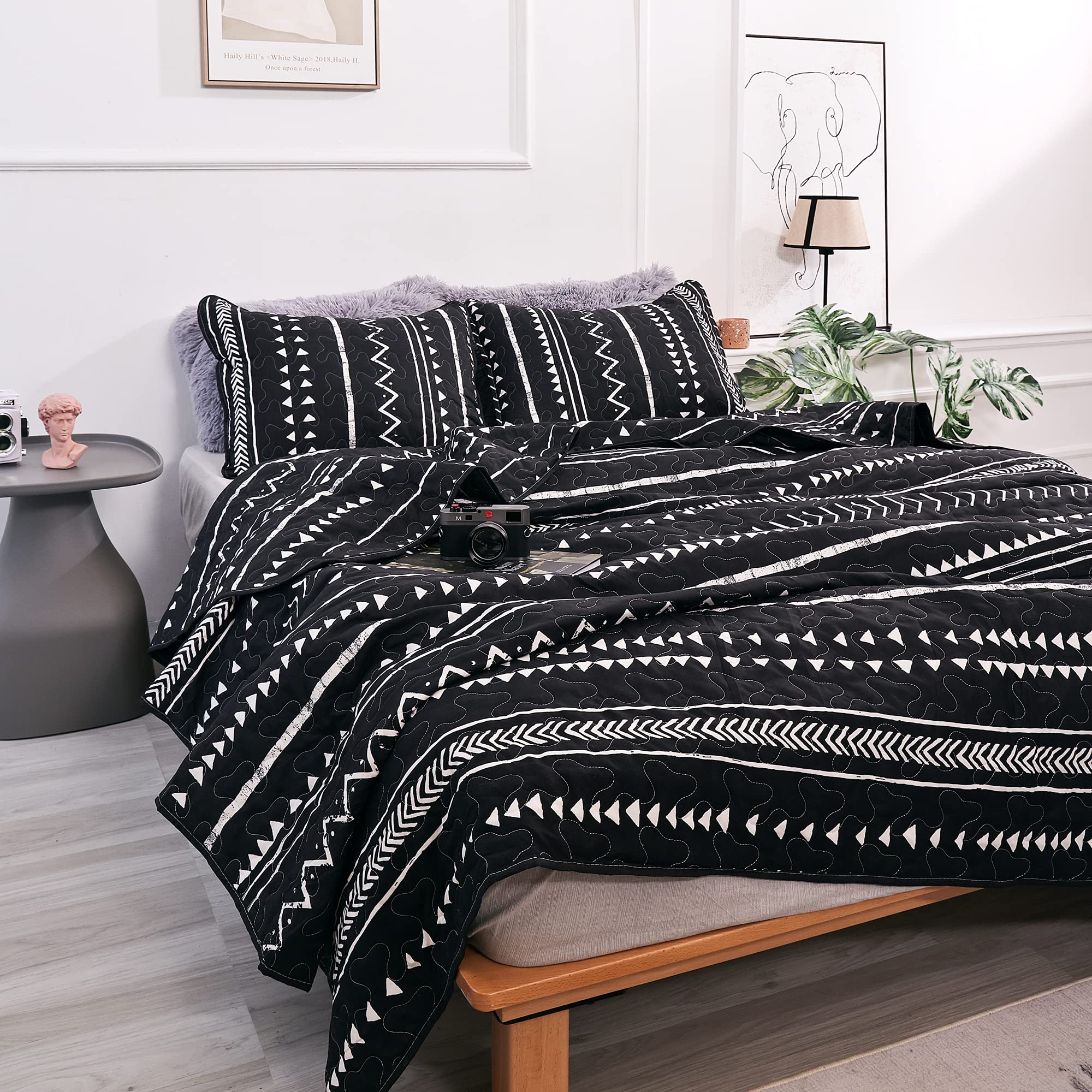 Janzaa Queen Quilt Boho Quilt Bedspread Queen Size Boho Bedding White Geometric Printed On Black Quilt For All Season(Two Pillow Cases)