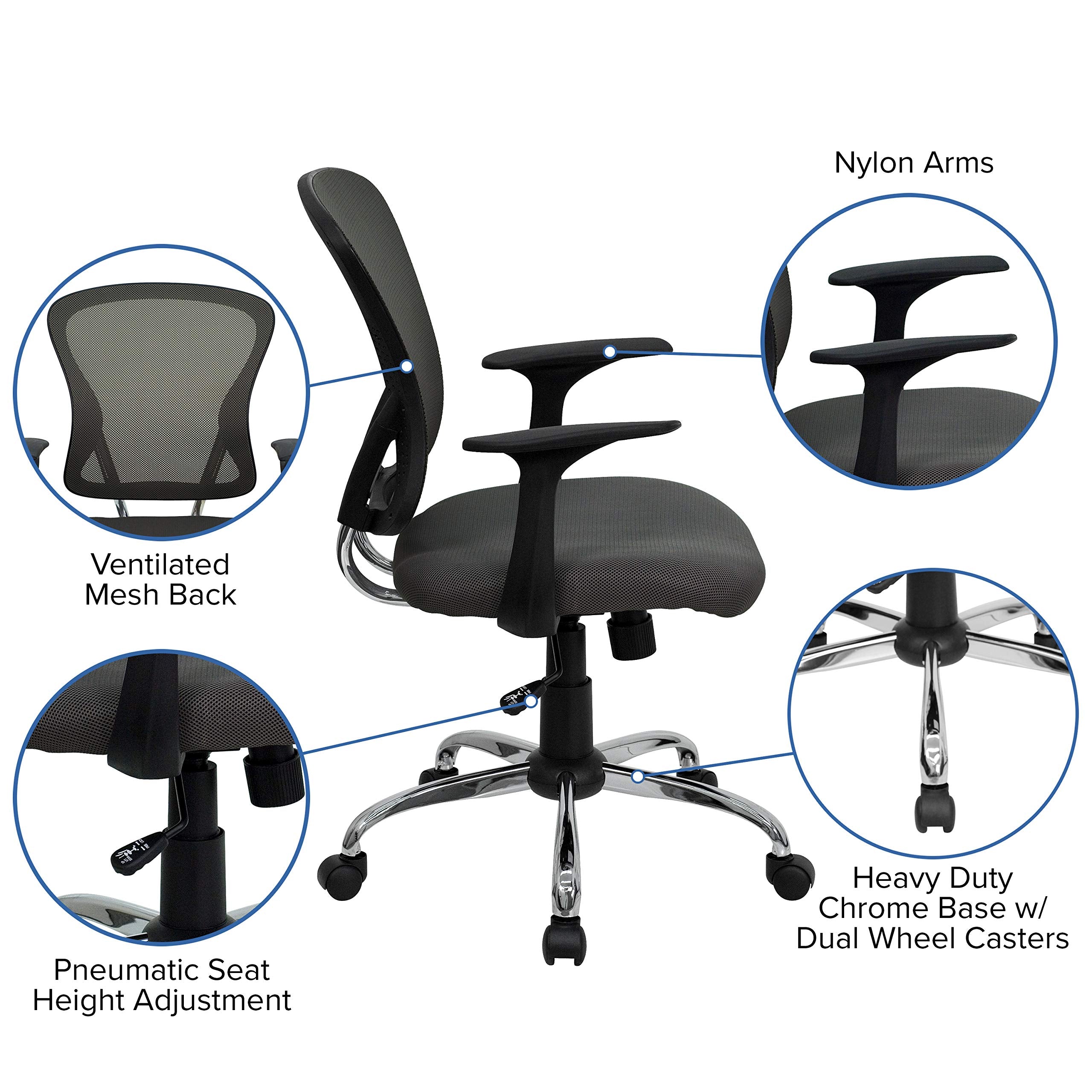 Flash Furniture Alfred Mid-Back Dark Gray Mesh Swivel Task Office Chair with Chrome Base and Arms
