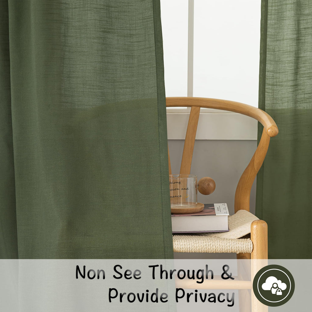 Donren Olive Dark Green Linen Back Tab Curtains 84 Inches Long 2 Panels Set For Bedroom -Semi Sheer Modern Farmhouse Hooks Belt Pleated Curtain Panels Rod Pocket Light Filtering Privacy Drapes