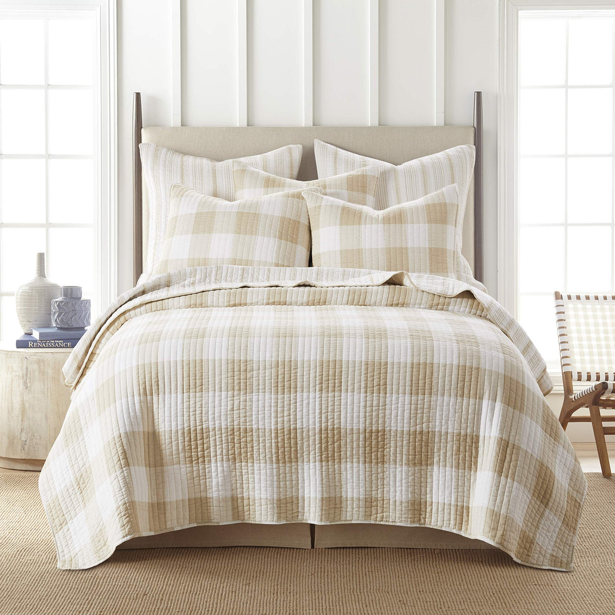 Levtex Home Camden Bedding Set - Full/Queen Quilt With 2 Pillow Shams - Buffalo Check In Taupe And Cream - Reversible Pattern -