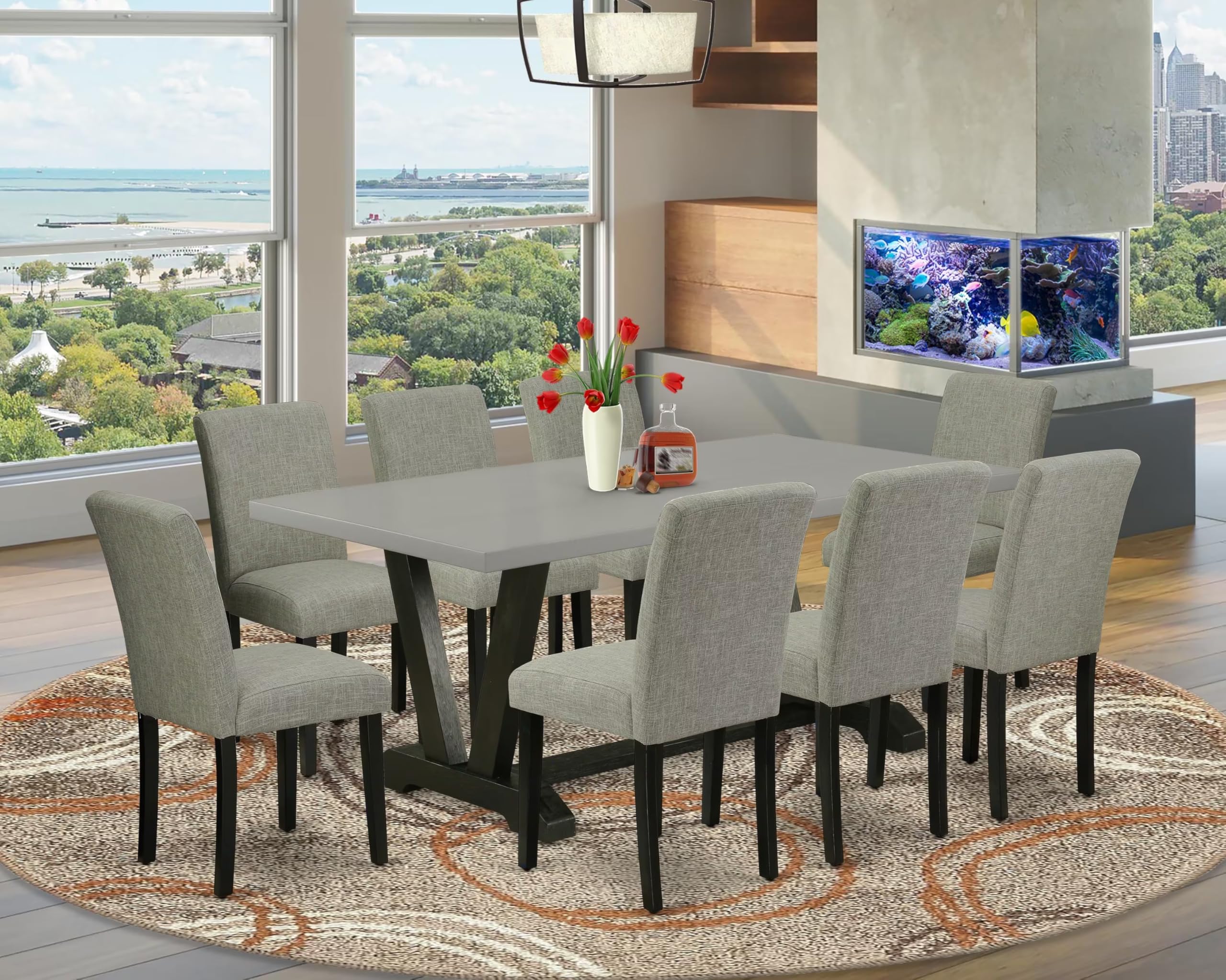 East West Furniture V697Ab106-9 9 Piece Dining Room Table Set Includes A Rectangle Kitchen Table With V-Legs And 8 Shitake Linen Fabric Parson Dining Chairs, 40X72 Inch, Multi-Color