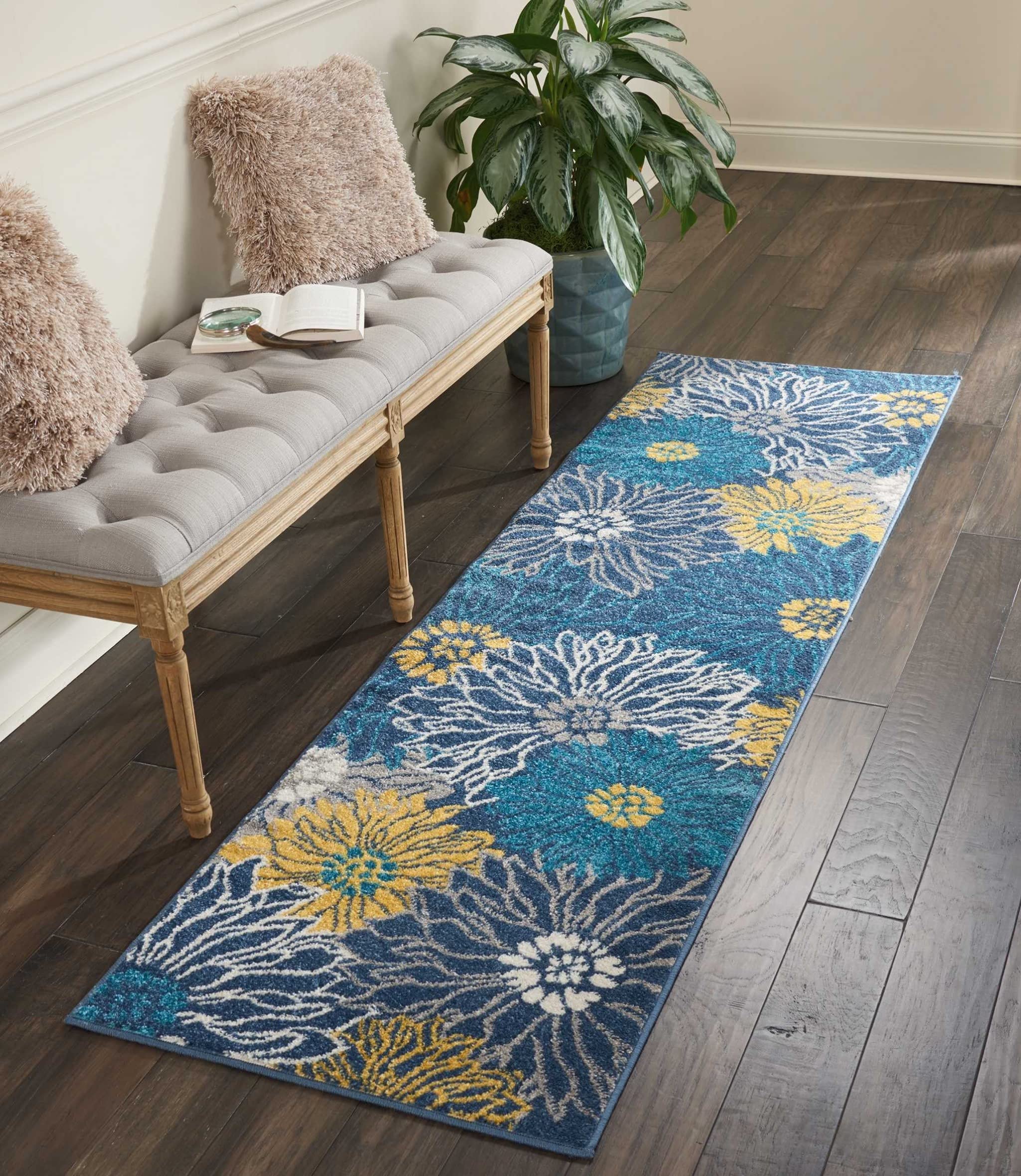 HomeRoots 100% Polypropylene 2â?? x 8â?? Blue Tropical Flower Runner Rug