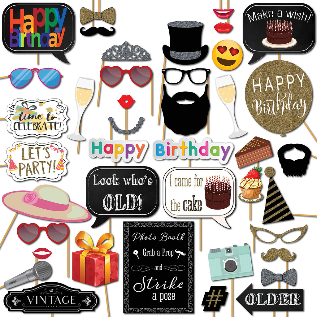 Birthday Photo Booth Props - 41-pc Photo Prop Kit with 8 x 10-Inch Sign, 60 Adhesive Pads, 45 Sticks - Birthday Photo Props - Bi