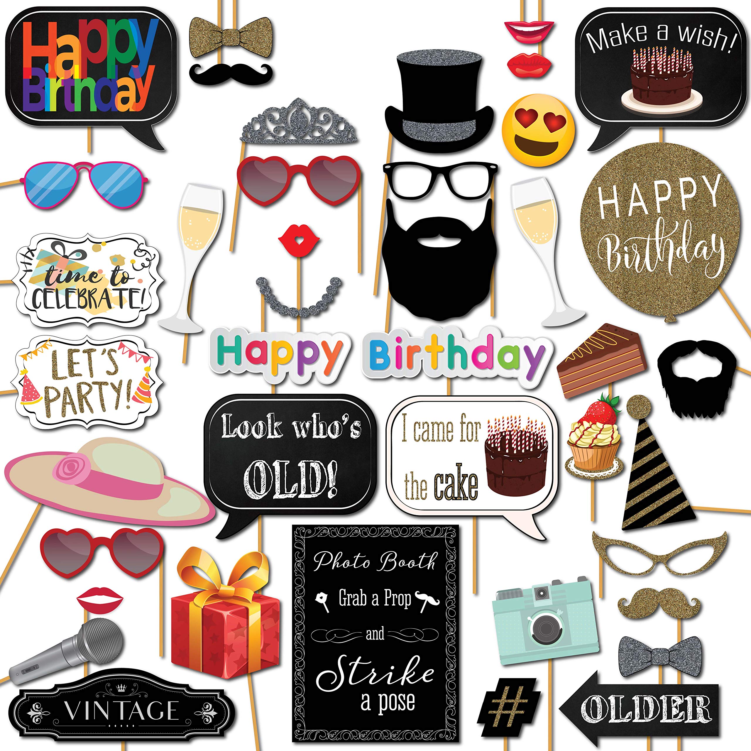 Birthday Photo Booth Props - 41-pc Photo Prop Kit with 8 x 10-Inch Sign, 60 Adhesive Pads, 45 Sticks - Birthday Photo Props - Bi