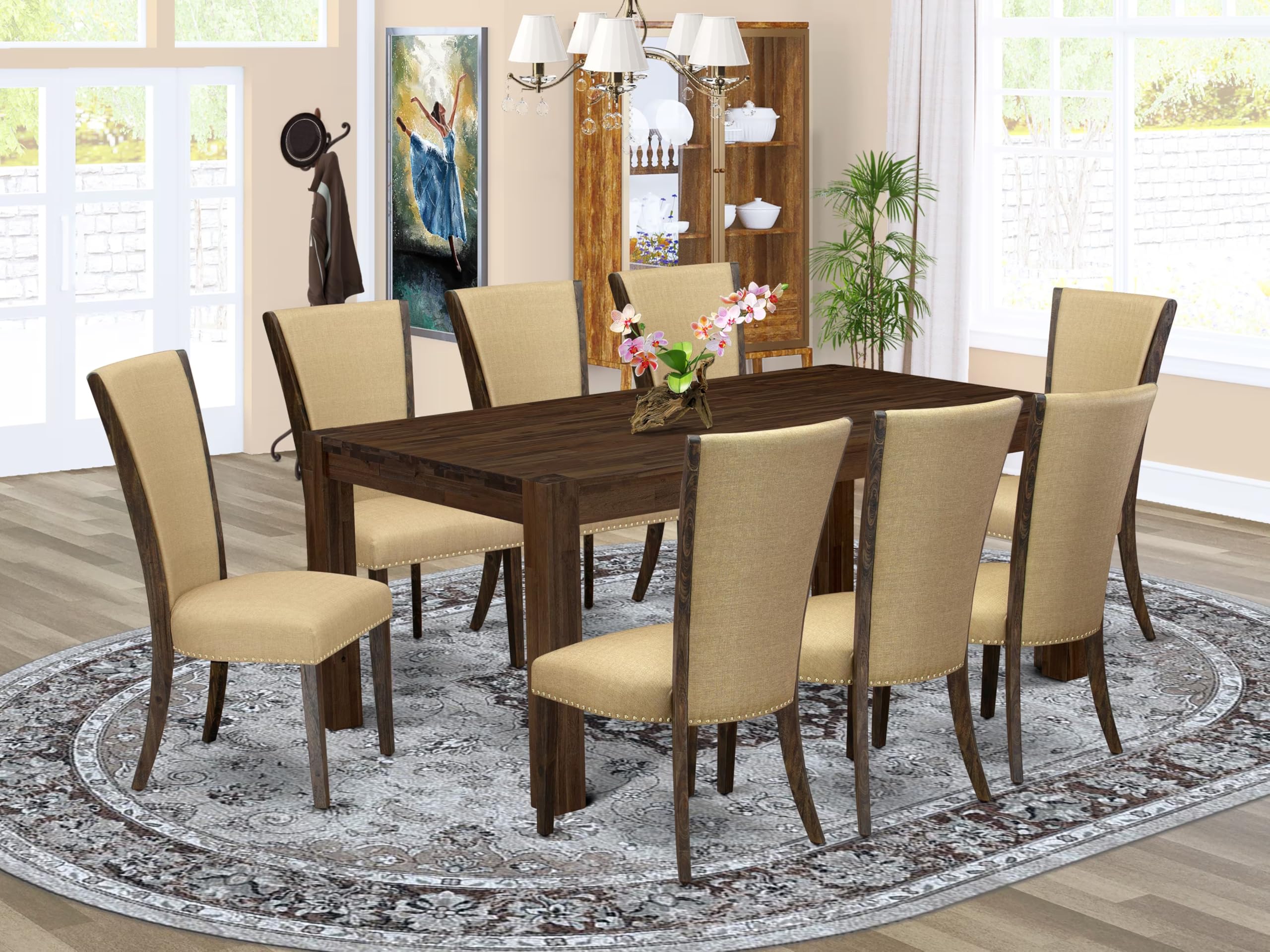 East West Furniture Lmve9-77-03 9 Piece Dining Table Set Includes A Rectangle Rustic Wood Kitchen Table And 8 Brown Linen Fabric Parson Dining Chairs, 40X72 Inch, Jacobean