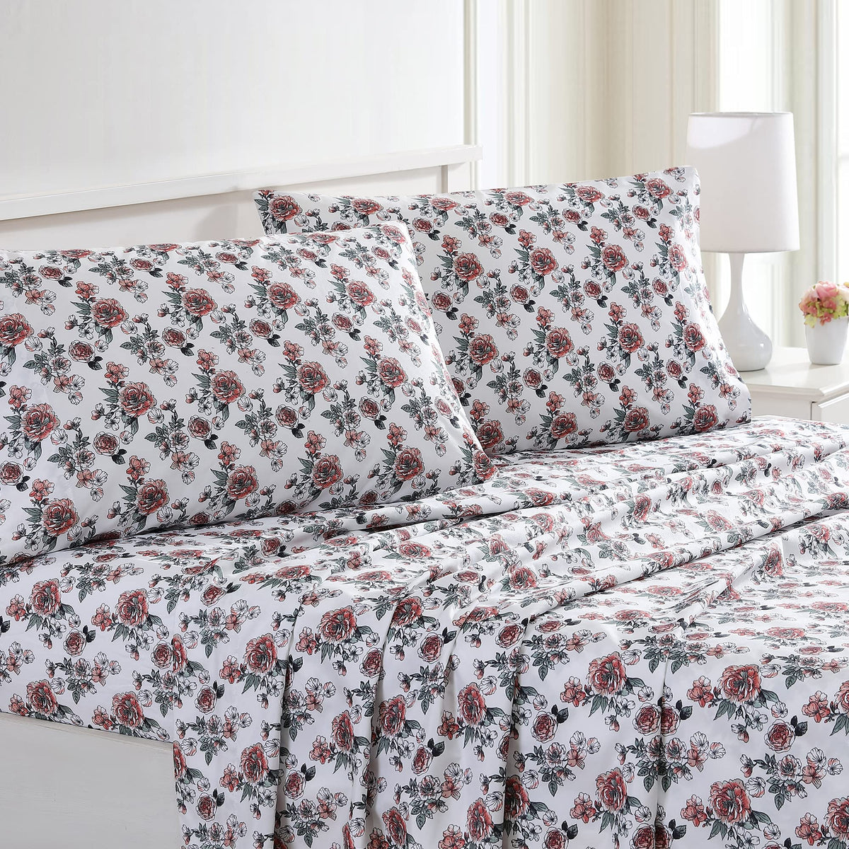 Modern Threads Printed 3-Piece Extra Soft Bedding Sheets & Pillowcase Set, Deep Pocket Up To 16 Inch Mattress Rose Bloom Twin