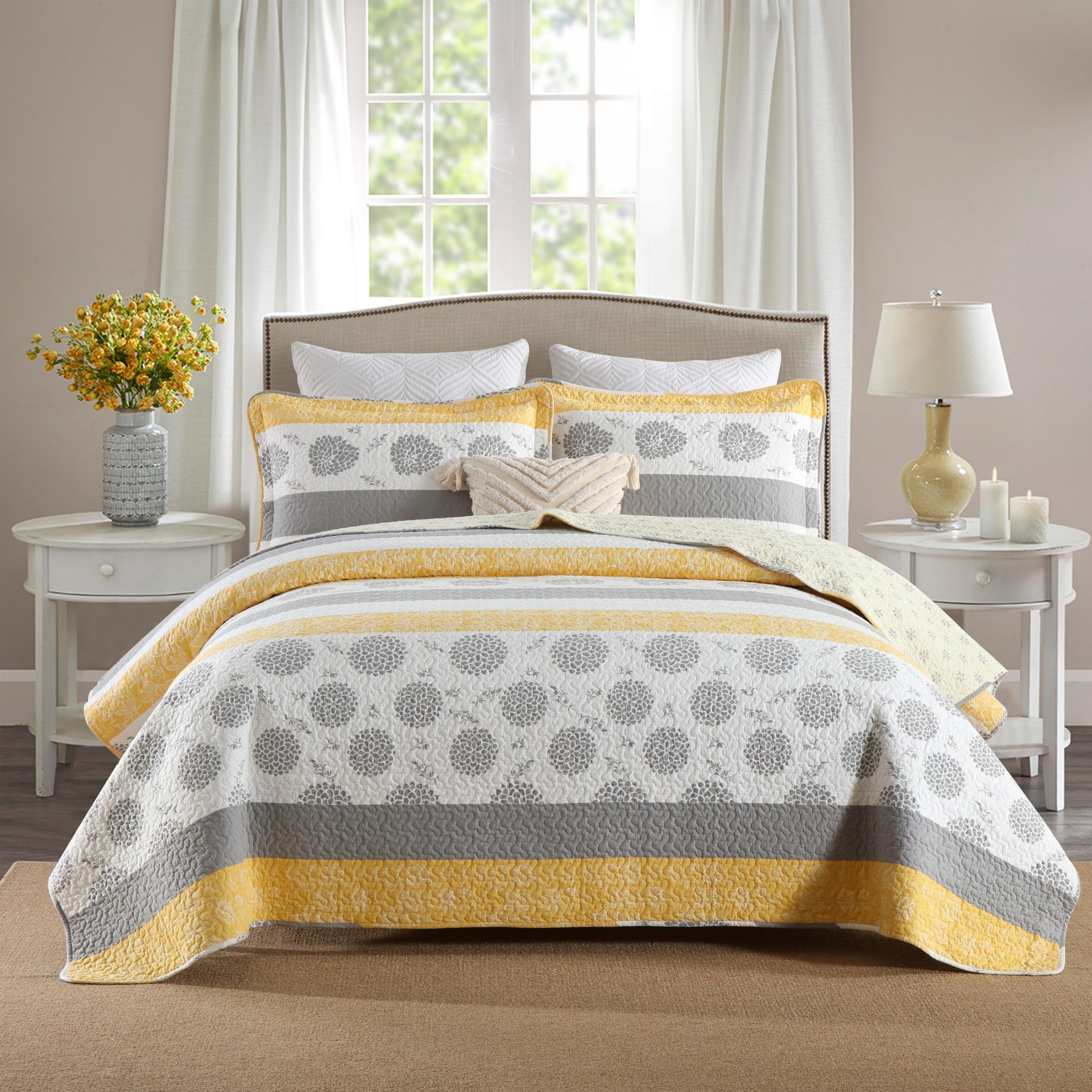 Homzard Quilt Queen Size-Comforter Queen Bedding Set,Yellow Gray White All Cotton Quilted Bedspread, Striped Floral Pattern Quil