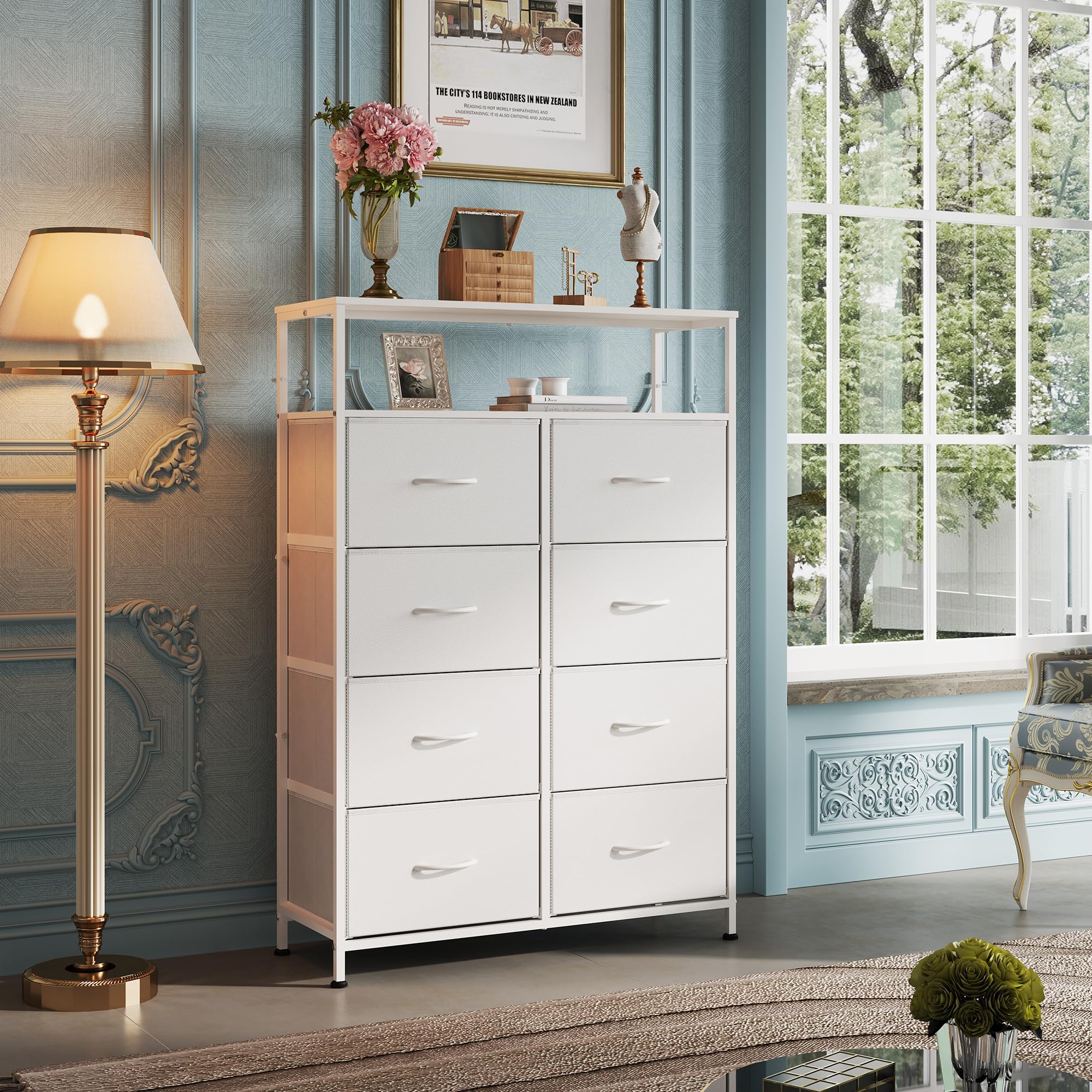 Wlive Tall Fabric Storage Dresser - 8 Drawer Chest Tower For Bedroom, Closet, Living Room And Hallway, White