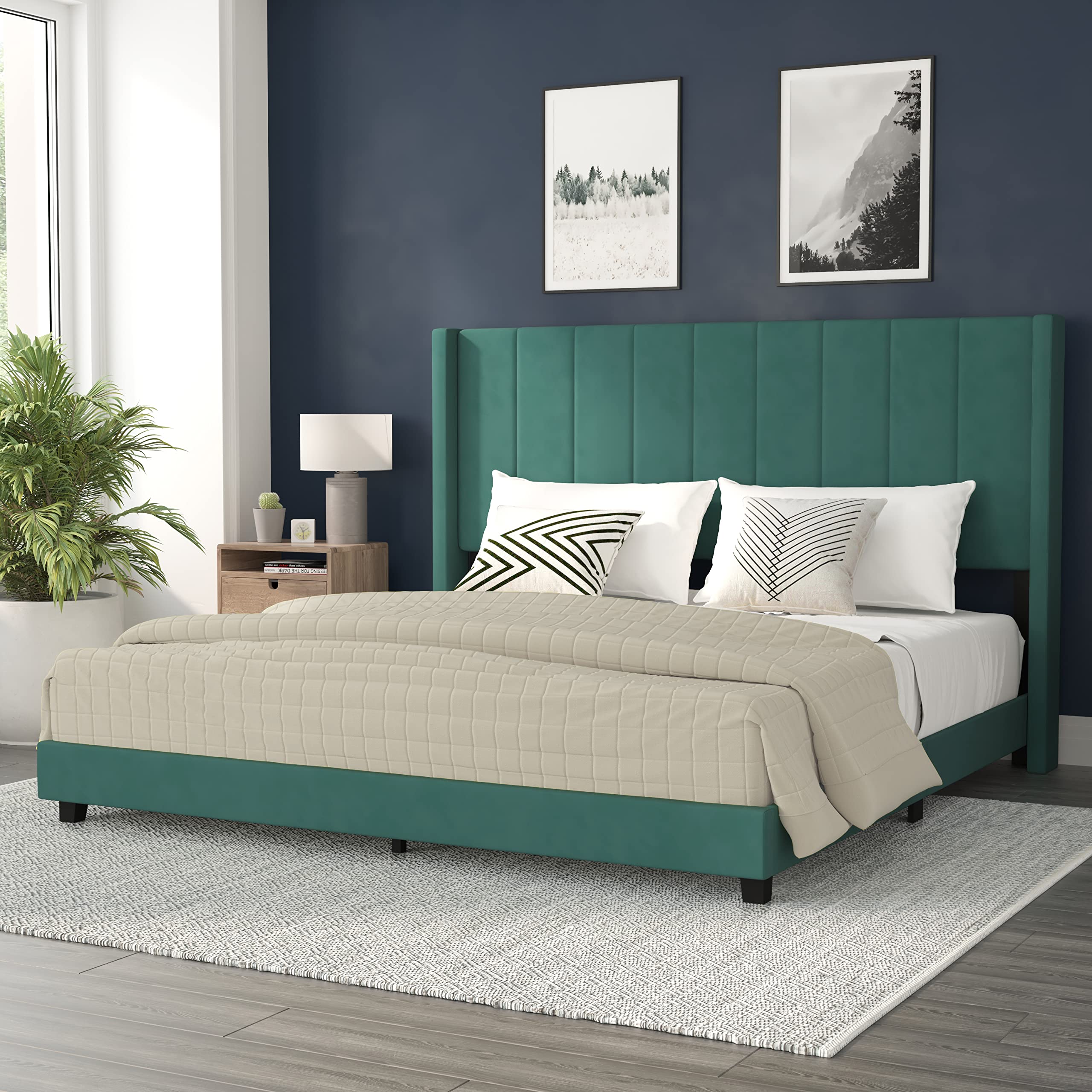 Flash Furniture Bianca Upholstered Platform Bed - Emerald Velvet Upholstery - King - Wingback Headboard - Slatted Mattress Found