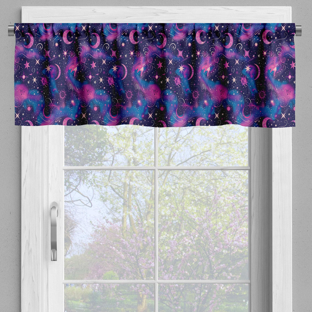 Ambesonne Celestial Window Valance Pack Of 2, Fantasy Dream Oriental Astronomy Art Crescent And Starry Atmosphere, Rod Pocket Curtain Valances For Kitchen Bedroom, 54' X 18', Dark Night Blue Fuchsia