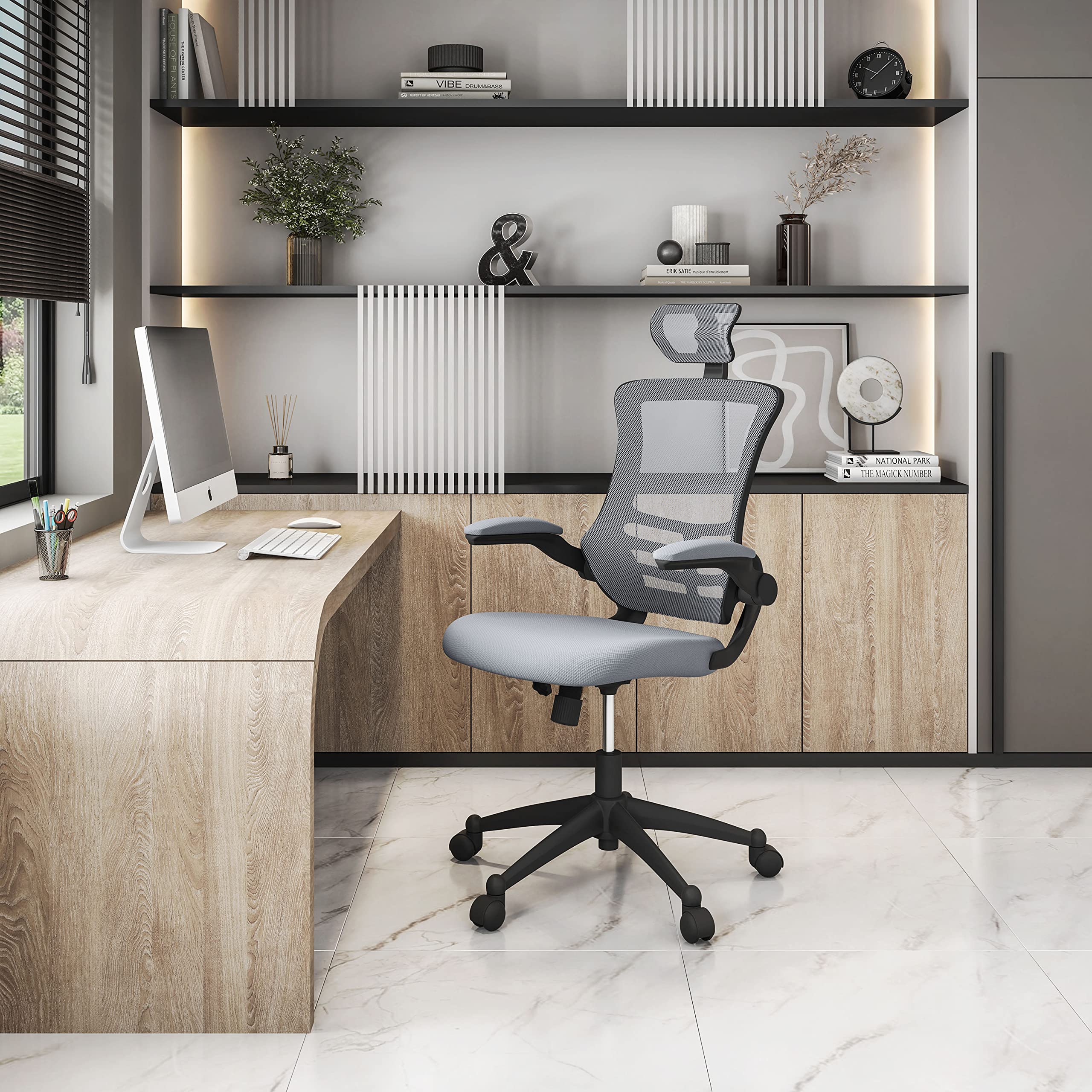Modern High Back Mesh Executive Chair With Headrest And Flip Up Arms. Color: Silver Grey