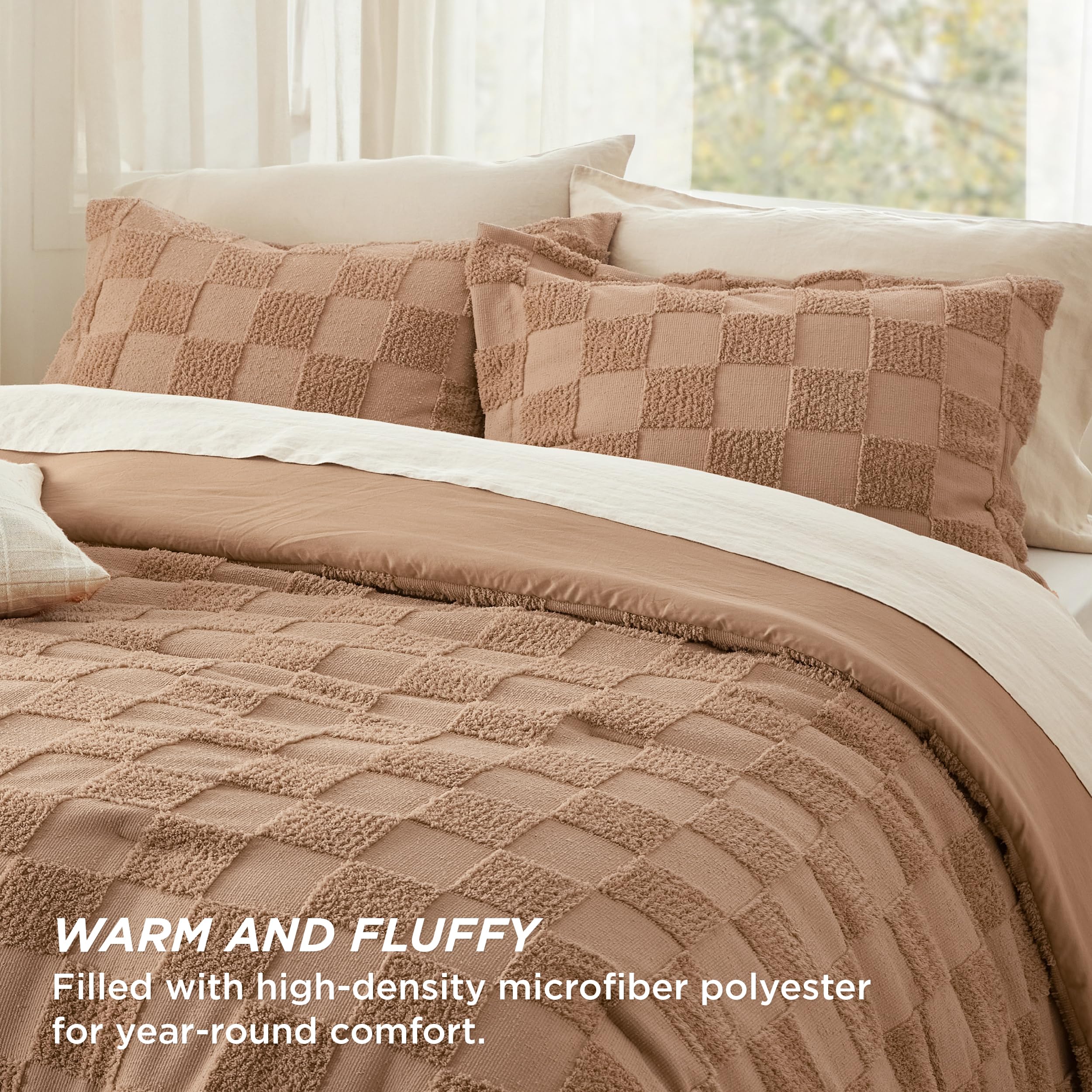 Bedsure King Size Comforter Set Taupe, Boho Tufted Bed Set, Checkered Farmhouse Shabby Chic Bedding, 3 Pieces, 1 Plaid Geometric Comforter And 2 Pillow Shams