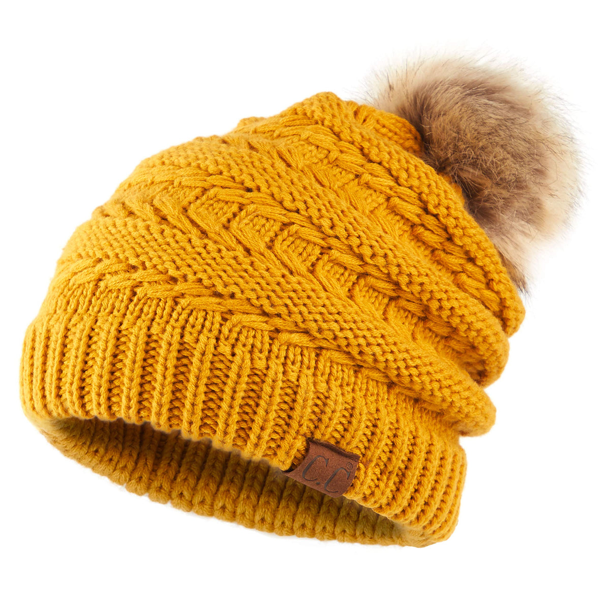 Cc Hatsandscarf Exclusives Unisex Solid Ribbed Beanie With Pom (Hat-7392-Pom) (A Mustard-Tilted Stitch)