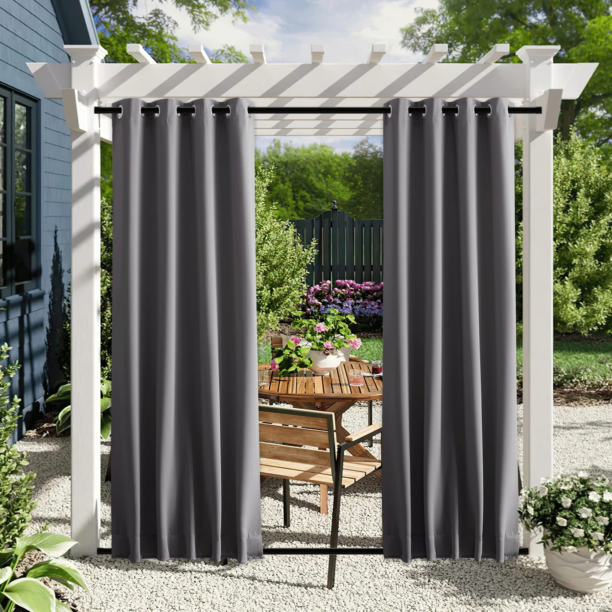 Nicetown 2 Panels Blackout Outdoor Curtains For Patio Waterproof, Grommet & Back Tab On Top & Bottom Weighted Privacy Light & So