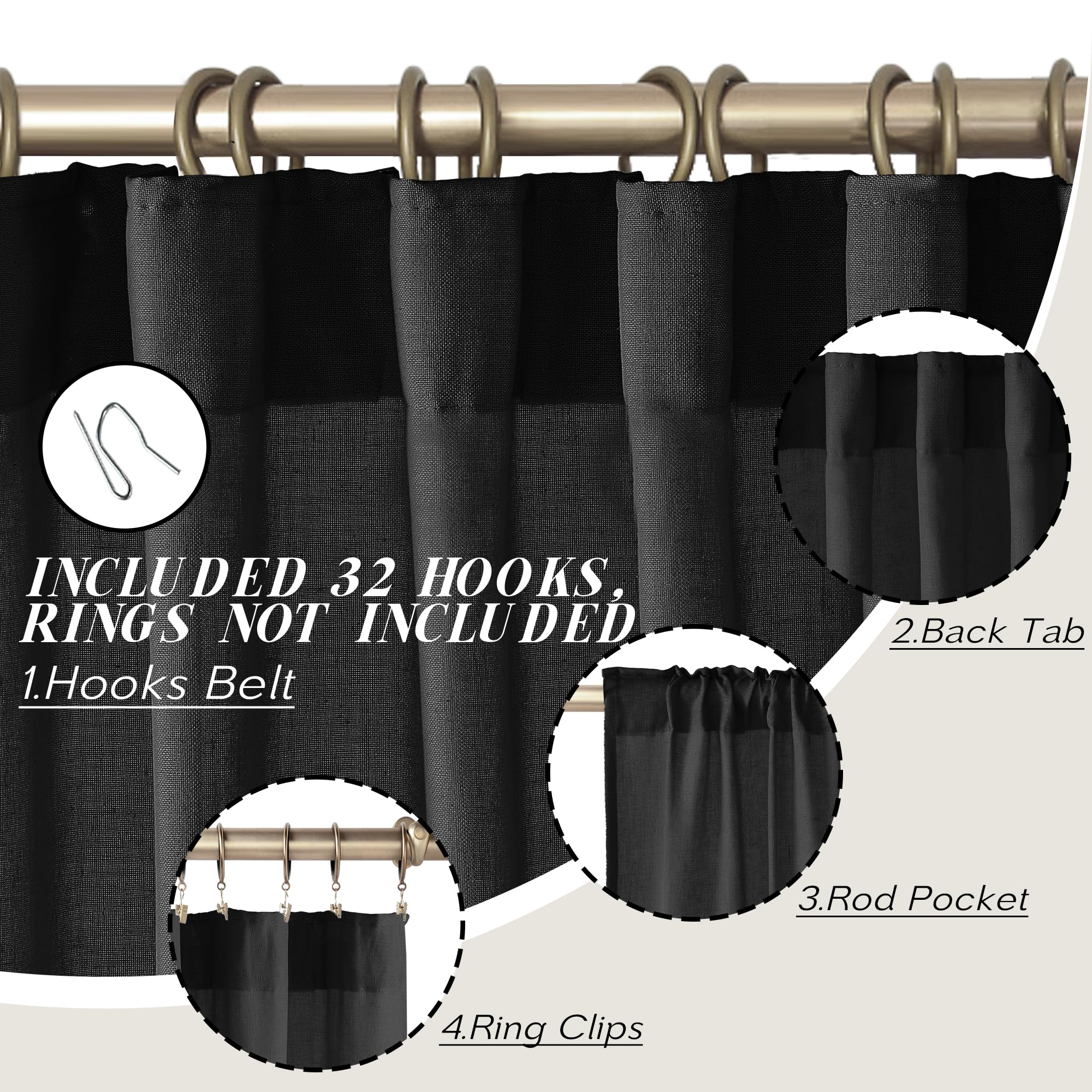 Panelsburg Black Linen Curtains 84 Inch Length For Living Room,Back Tab Rod Pocket Light Filtering Halloween Gothic Semi Sheer C