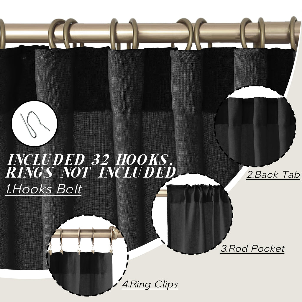 Panelsburg Black Linen Curtains 96 Inches Long,Light Filtering Farmhouse Linen Sheer Curtains For Living Room,96 Inch Curtains 2