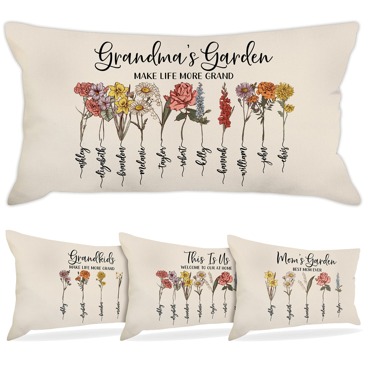 Zexpa Apparel Customized Mothers Day Lumbar Pillow Cover Grandma'S Garden Colored Flowers