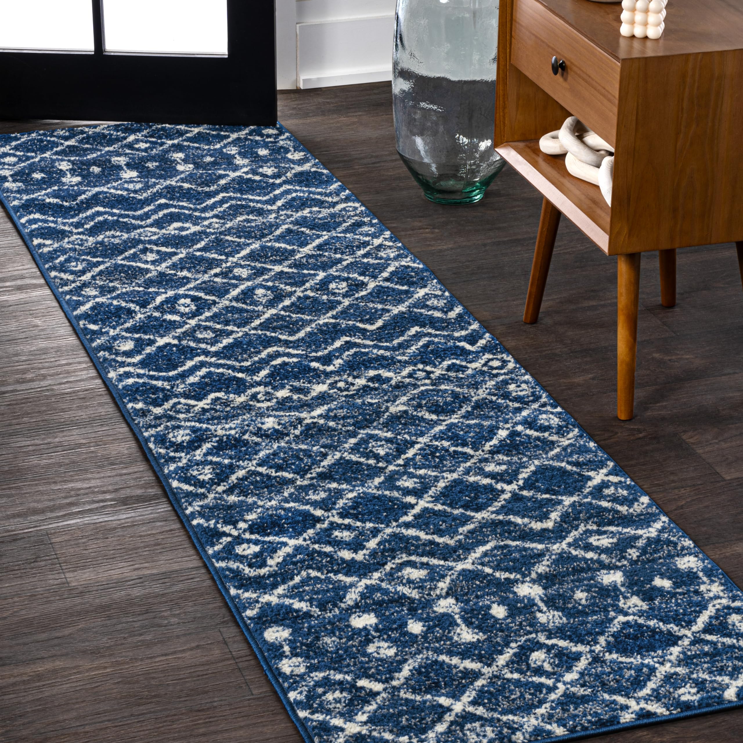 JONATHAN Y MOH208G-28 Aksil Moroccan Beni Souk Navy/Cream 2 ft. x 8 ft. Runner Rug, Bohemian, Scandinavian, Minimalistic for Hom