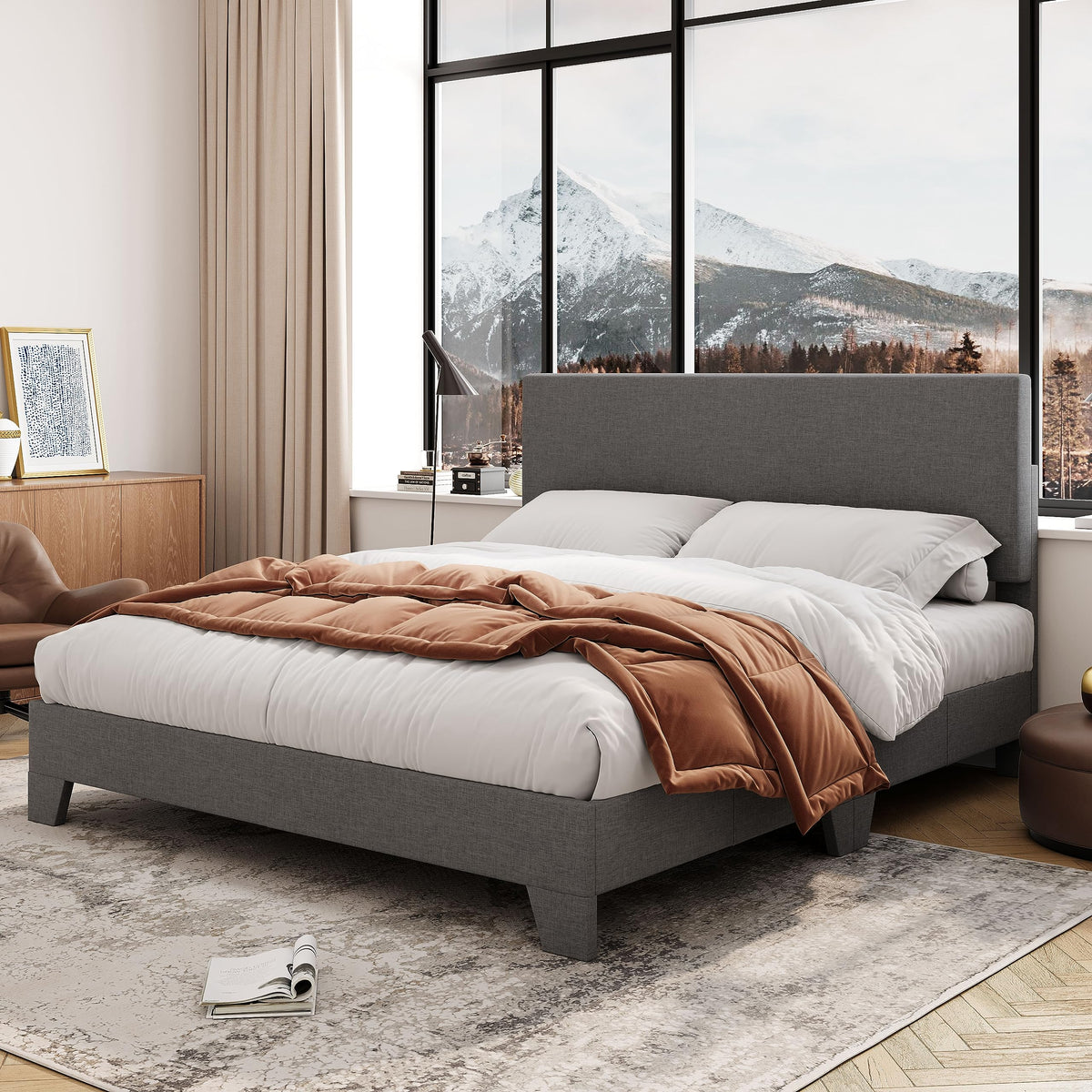 Allewie Full Size Bed Frame With Adjustable Headboard, Upholstered Platform Bed With Wood Slats, Heavy Duty Mattress Foundation, No Box Spring Needed, Noise-Free, Easy Assembly, Dark Grey