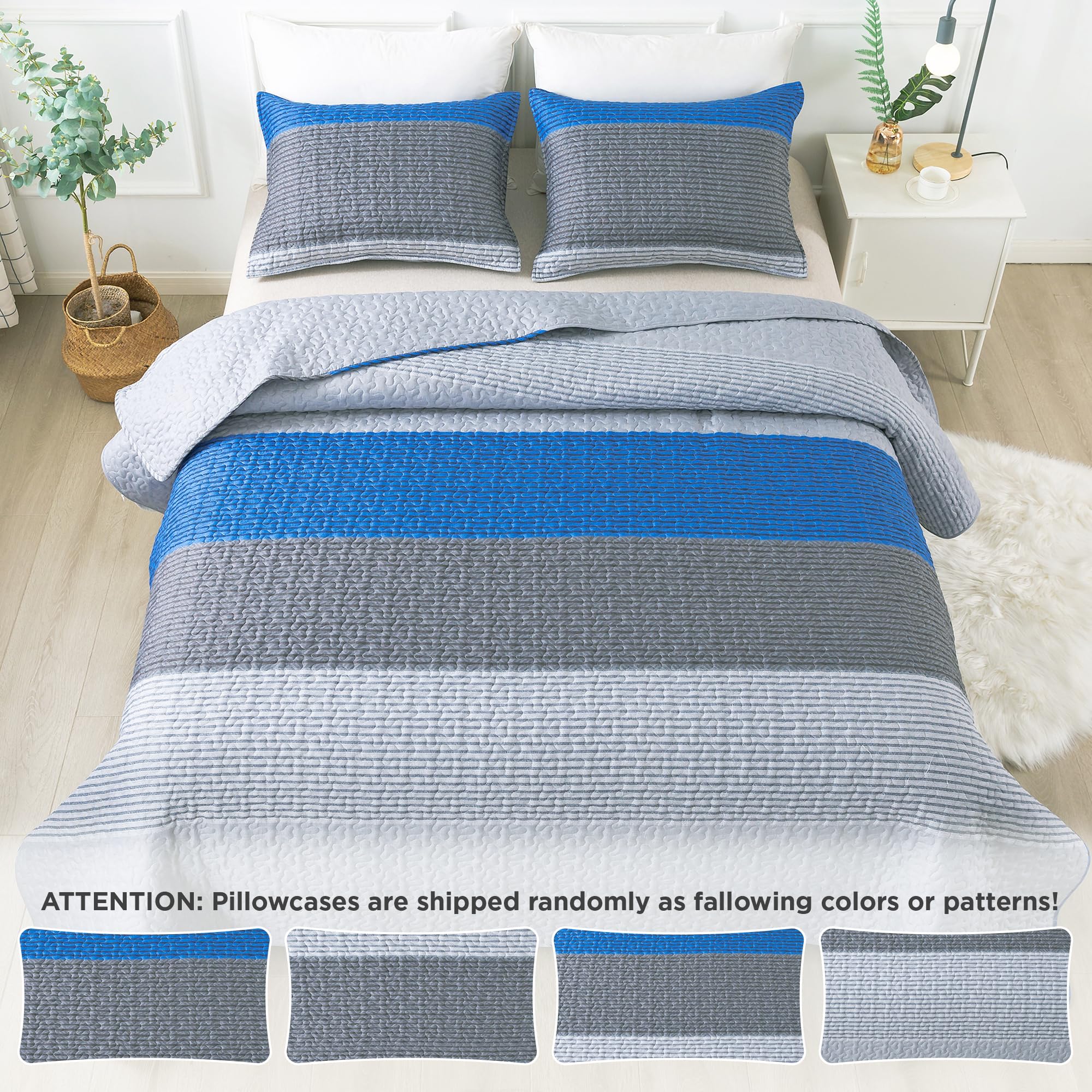 Andency Stripe Quilt Set Twin(68X86Inch), 2 Pieces (1 Striped Quilt And 1 Pillowcase) Blue And Grey Patchwork Bedspread Coverlet Set, Soft Microfiber Quilted Bedding Set