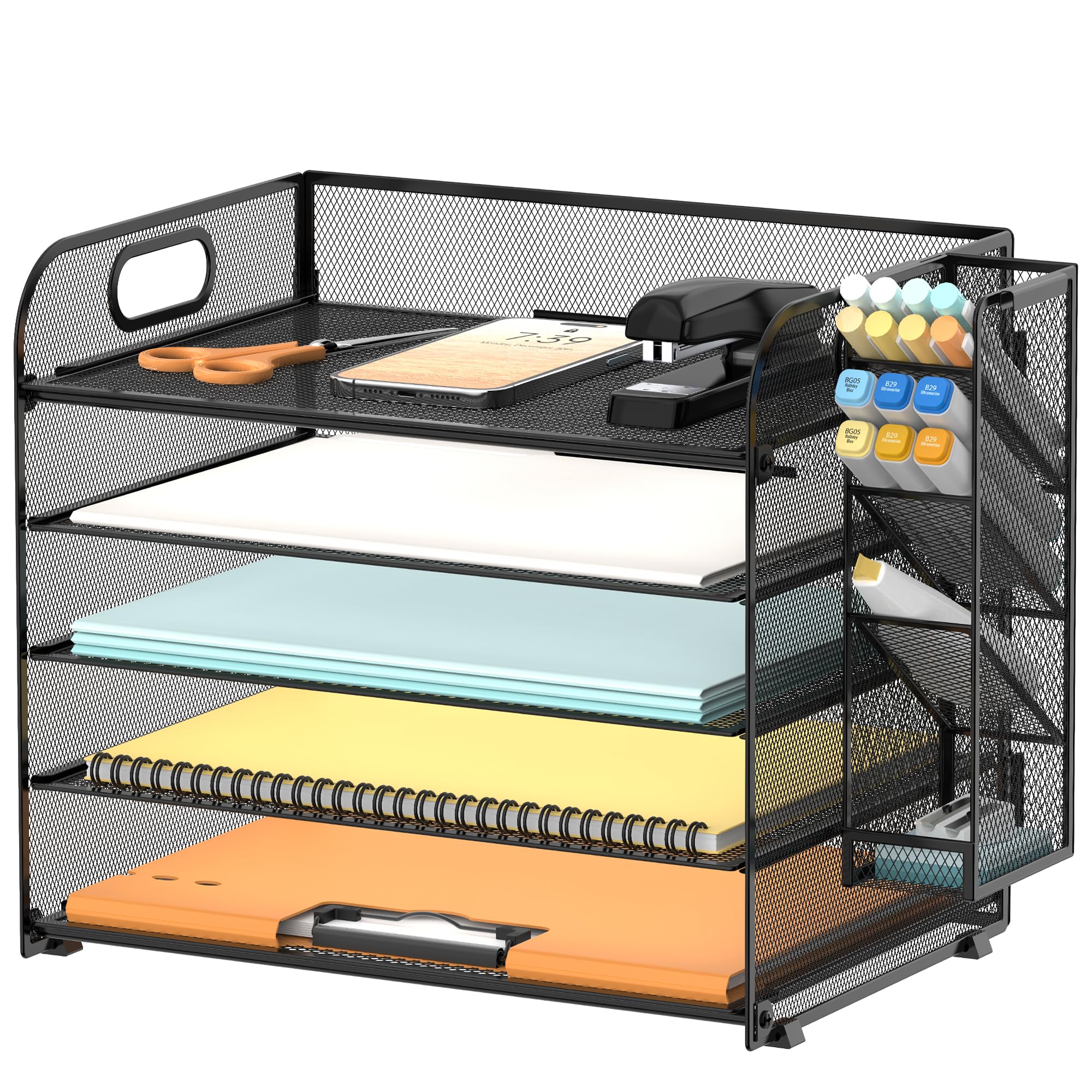 Supeasy 5 Tier Desk Organizer With Handle & Removable Pen Holders, Mesh Paper/File Organizer For Desk, Paper Letter Tray Organiz
