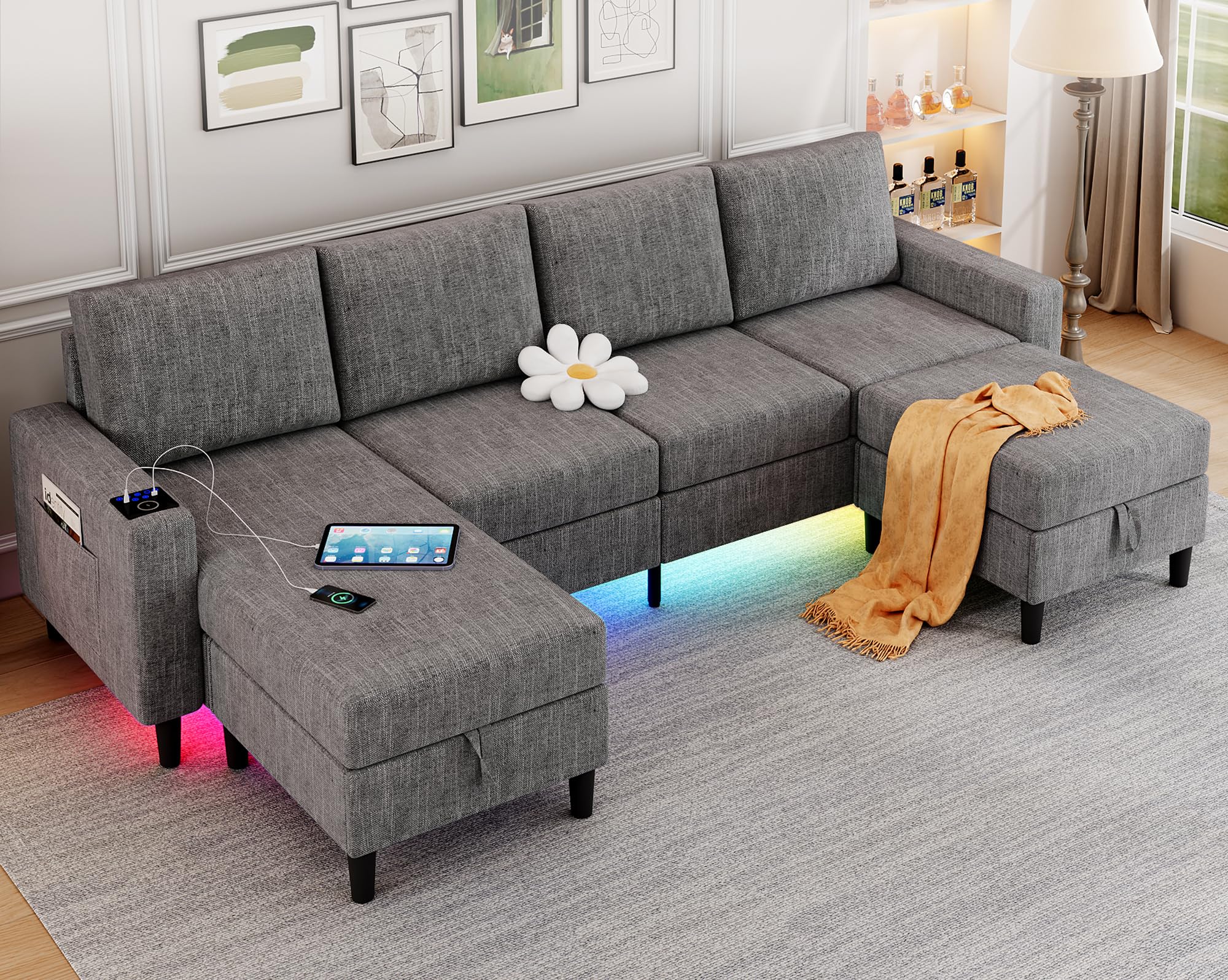 Hyzq Sectional Couches For Living Room, 4 Seat Linen Sectional Sofa With Reversible Chaise Lounge/Storage Ottoman, U Shaped Couc