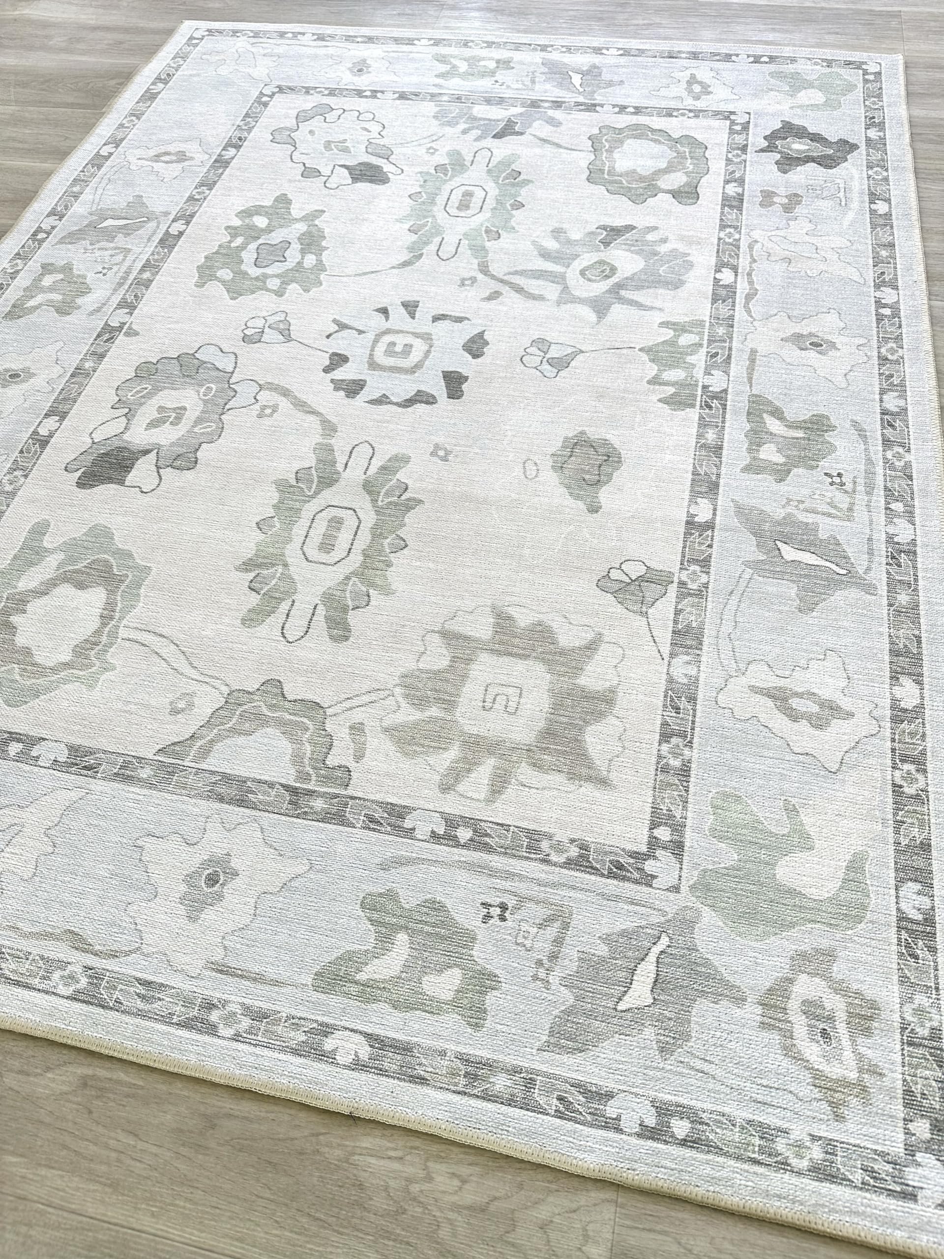 Cream Beige Oushak Rug, Modern Rugs, Vintage, Turkish, Eclectic, Floral, Pastel, Washable, Small Throw, Accent Area Rug for Livi