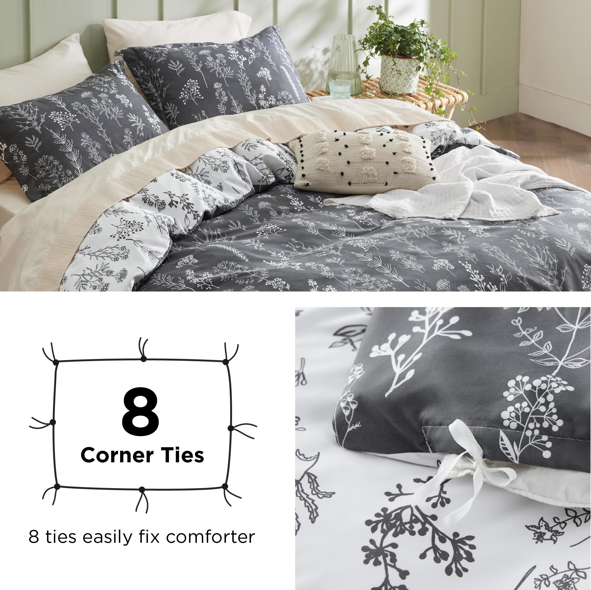 Bedsure Duvet Cover Queen Size - Reversible Floral Duvet Cover Set With Zipper Closure, Dark Grey Bedding Comforter Cover, 3 Pieces, 1 Duvet Cover 90'X90' And 2 Pillow Shams 20'X26'