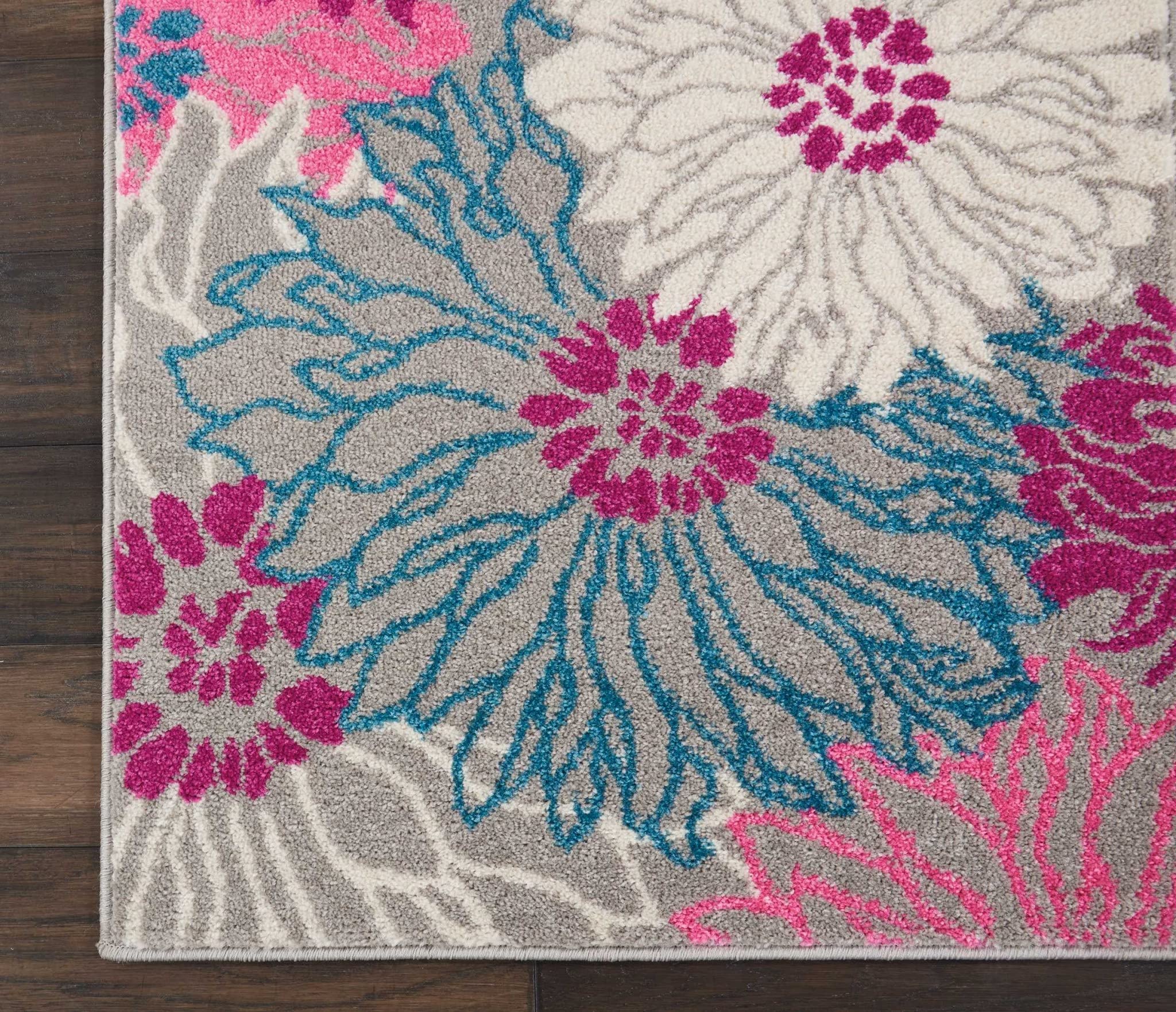 HomeRoots Grey 100% Polypropylene 2’ x 8’ Gray and Pink Tropical Flower Runner Rug