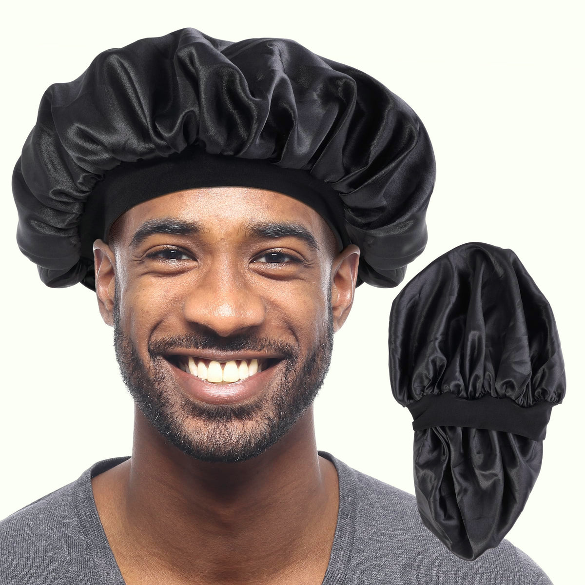 MoHern Bonnets for Men, Double Layer Satin Hair Bonnet for Sleeping, Reversible Night Cap, Black Bonnet for Curly Hair, Satin Bo