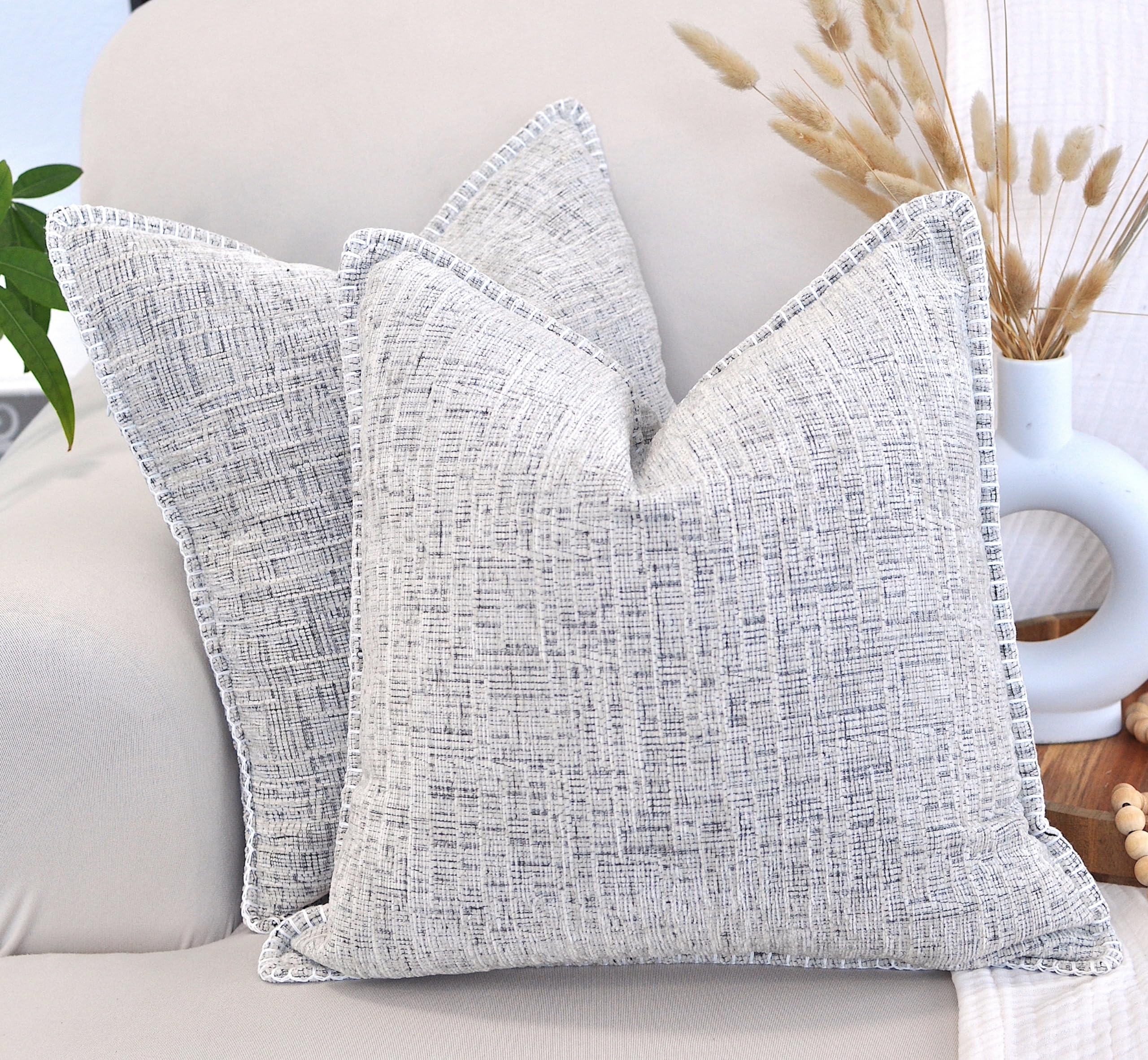 24X24 Pillow Covers Set Of 2 Cream White & Black, Soft Textured Chenille Throw Pillows Cases Cozy Large Cushion Covers For Couch