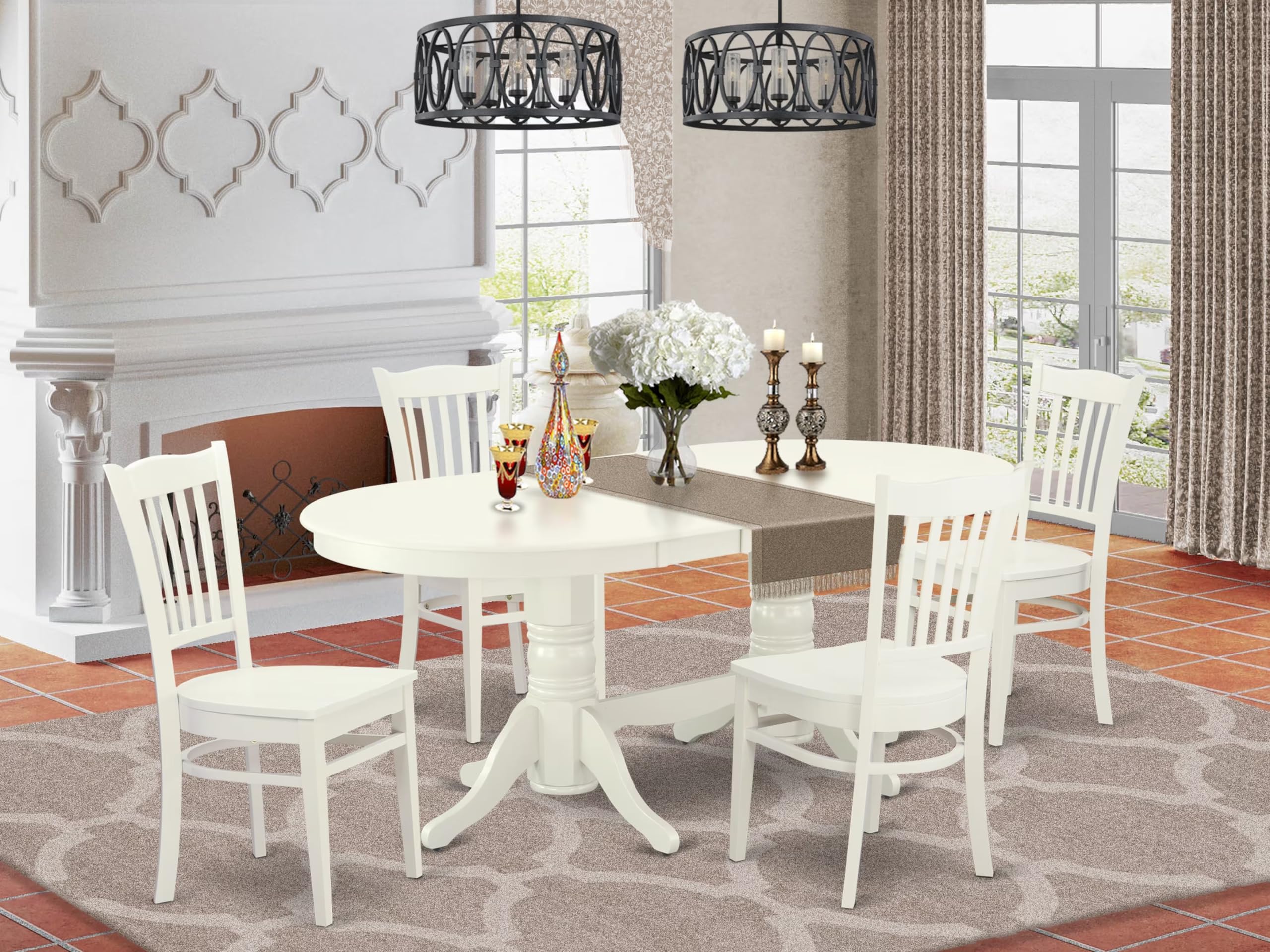 East West Furniture Vagr5-Lwh-W 5 Piece Dinette Set For 4 Includes An Oval Dining Table With Butterfly Leaf And 4 Dining Room Chairs, 40X76 Inch, Linen White