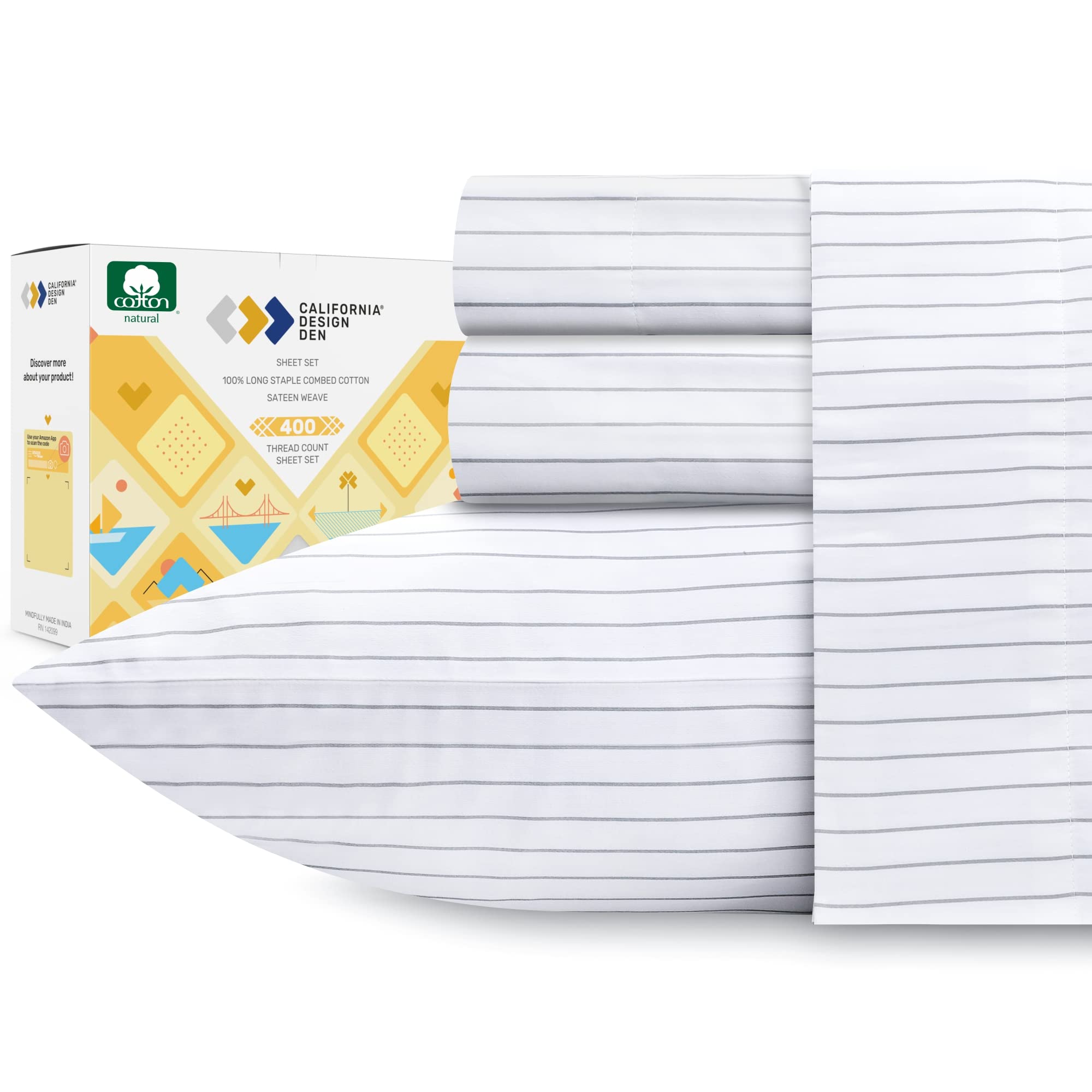 California Design Den Pinstripe Twin Xl Sheets - Softest 100% Cotton Sheets Set, Luxury 400 Thread Count Sateen, Deep Pocket Pri