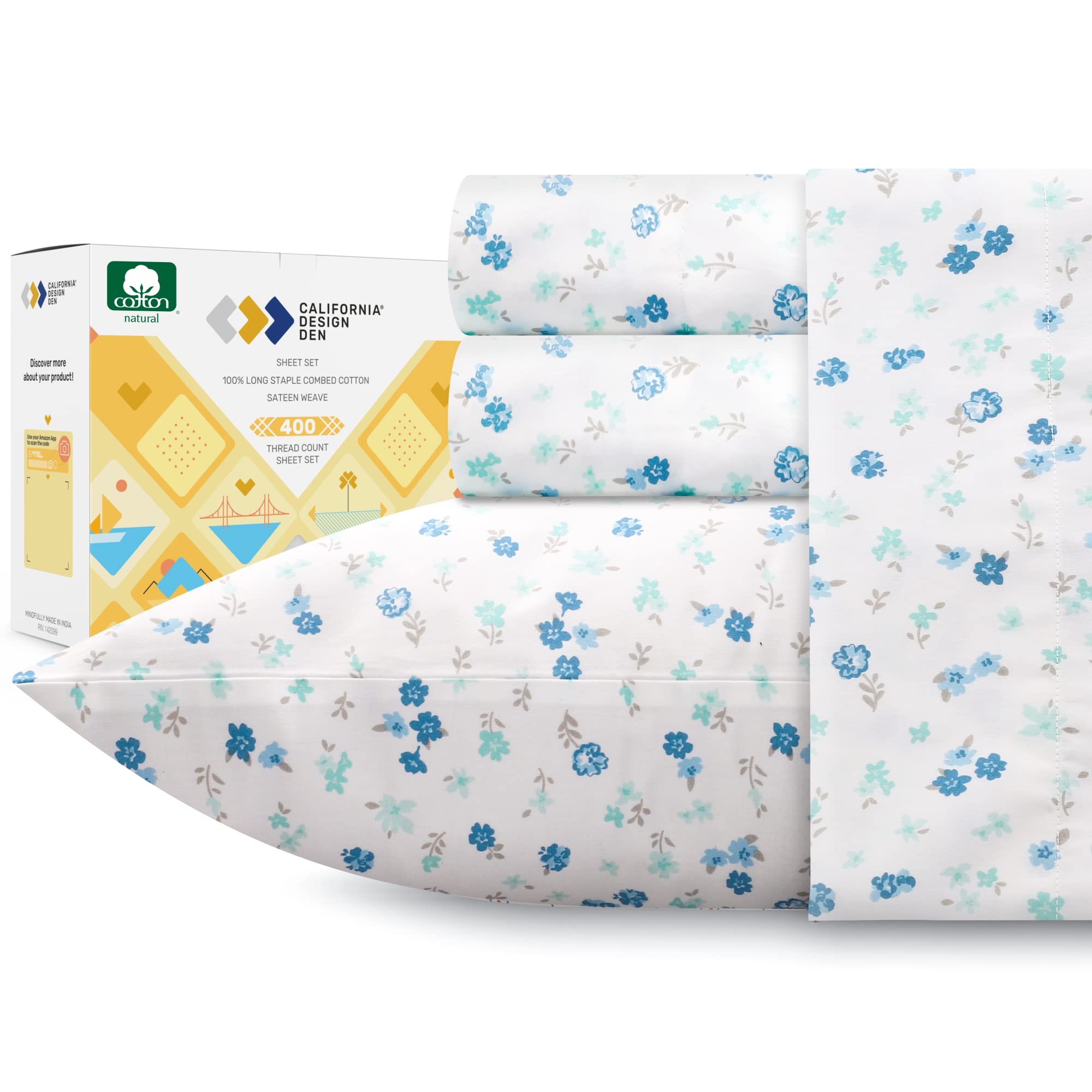 California Design Den Floral Sheets Pattern Twin Sheet Set - Luxury 400 Thread Count 100% Cotton Sheets (Blooming Meadows)