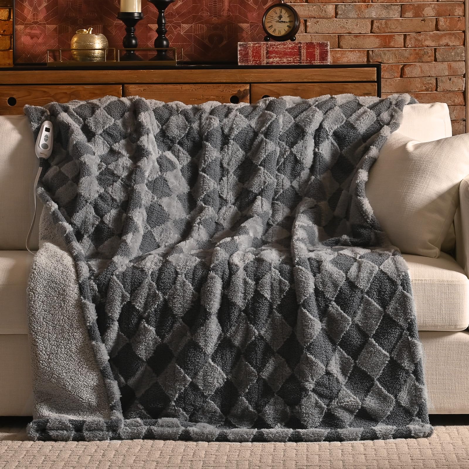 Bearhug Heated Throw Blanket 50'    60', Electric Blanket Gray Teddy Faux Fur & Warm Sherpa, 4H Auto-Off Timer& 6 Heating Leve