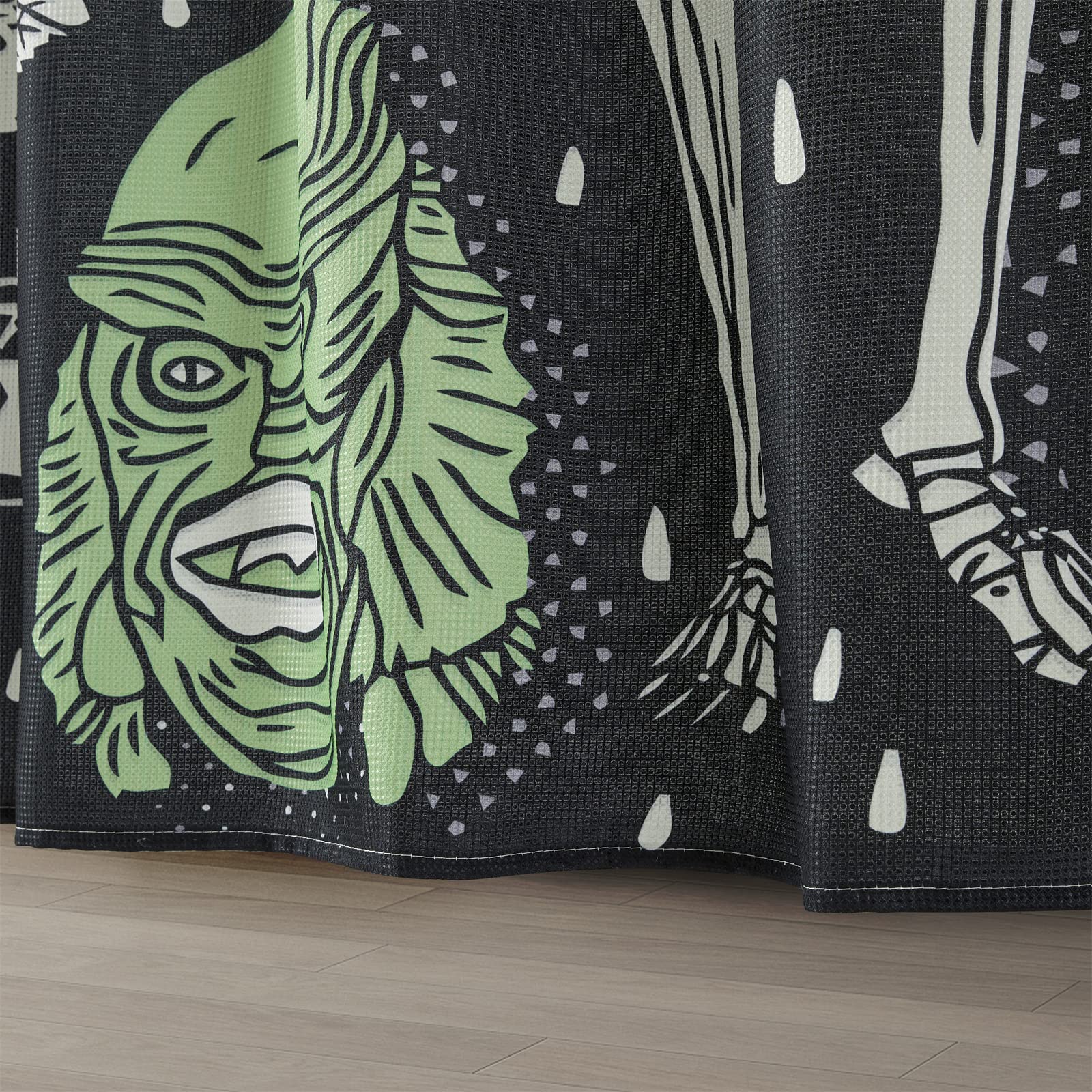 Estmy Vintage Halloween Shower Curtain Set Black, Heavy Duty Waffle Fabric, Creepy Gothic Skeleton Skulls Bats Fun Cute Hallowee