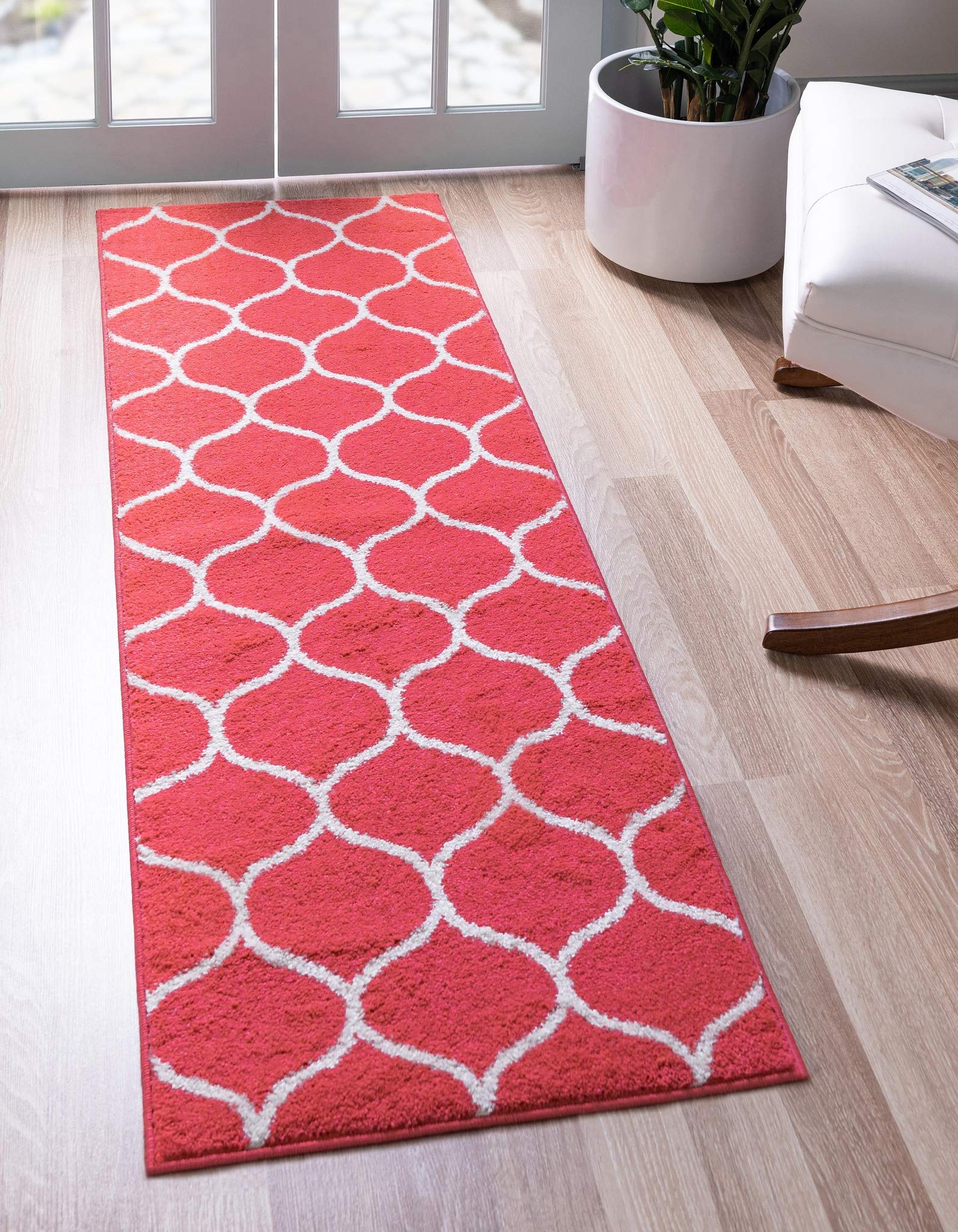 Unique Loom Trellis Frieze Collection Area Rug - Rounded (2' x 8' 8'' Runner, Pink/ Ivory)