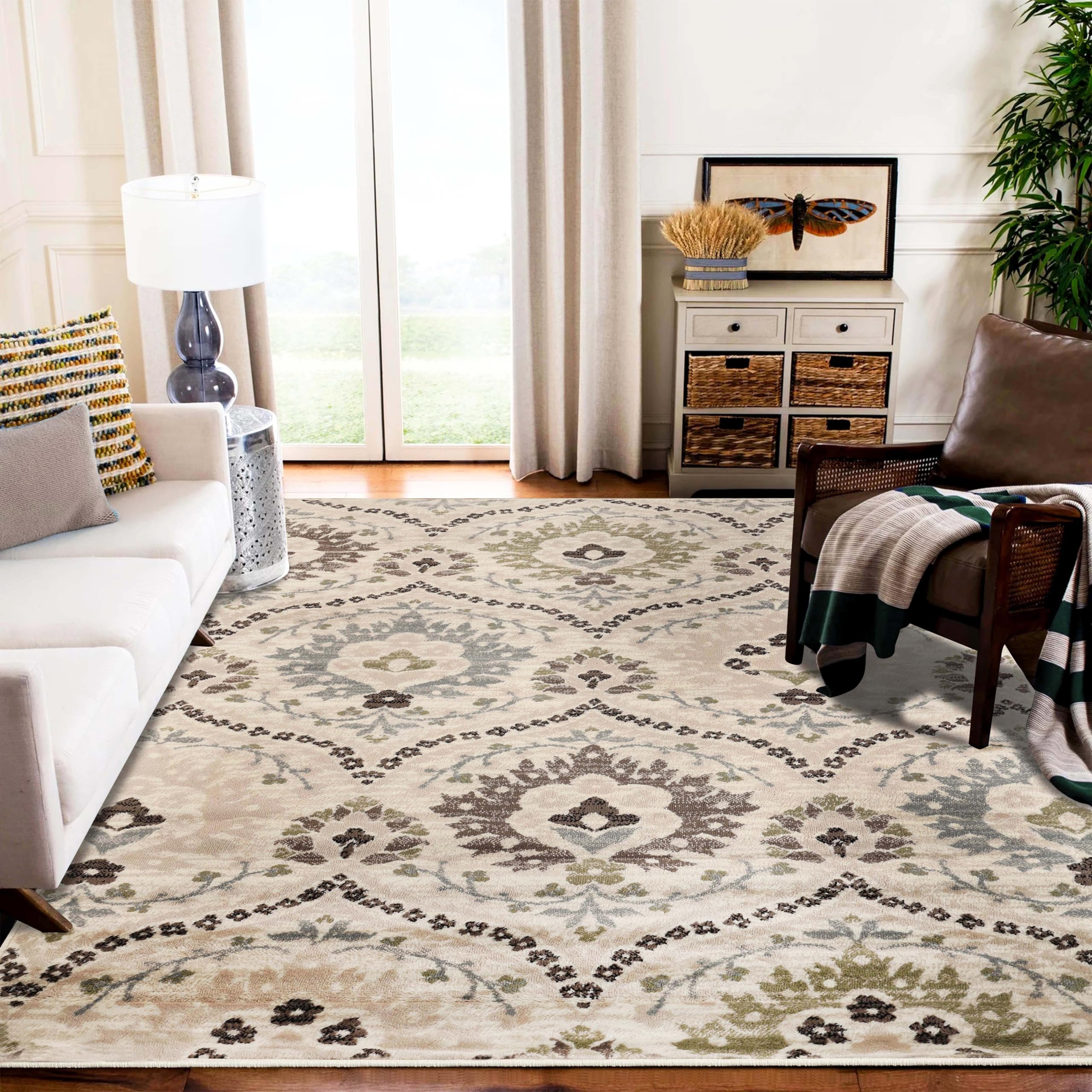 Superior Indoor Area Rug, Jute Backed, Modern Oriental Floral Damask Floor Decor for Office, Living Room, Bedroom, Entryway, Din