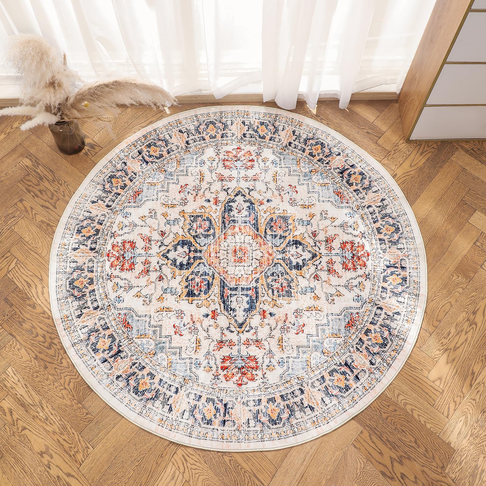 VK VKLIVING Round Washable Rug 5Ft Vintage Machine Washable Area Rugs with Non Slip Round Rugs for Living Room Bedroom Traditio