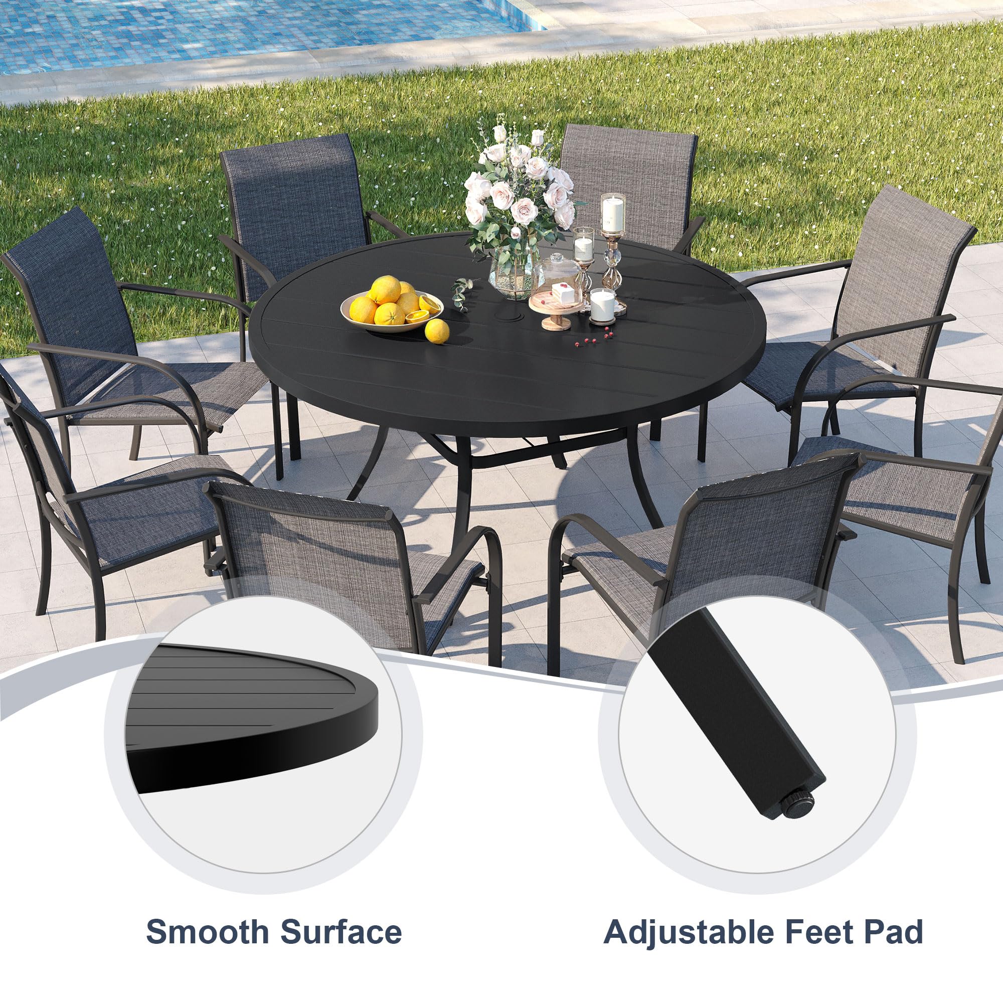 Vicllax 53' Round Patio Dining Table For 6-8, Metal Outdoor Dining Table With Umbrella Hole For Garden, Patio, Balcony, Black